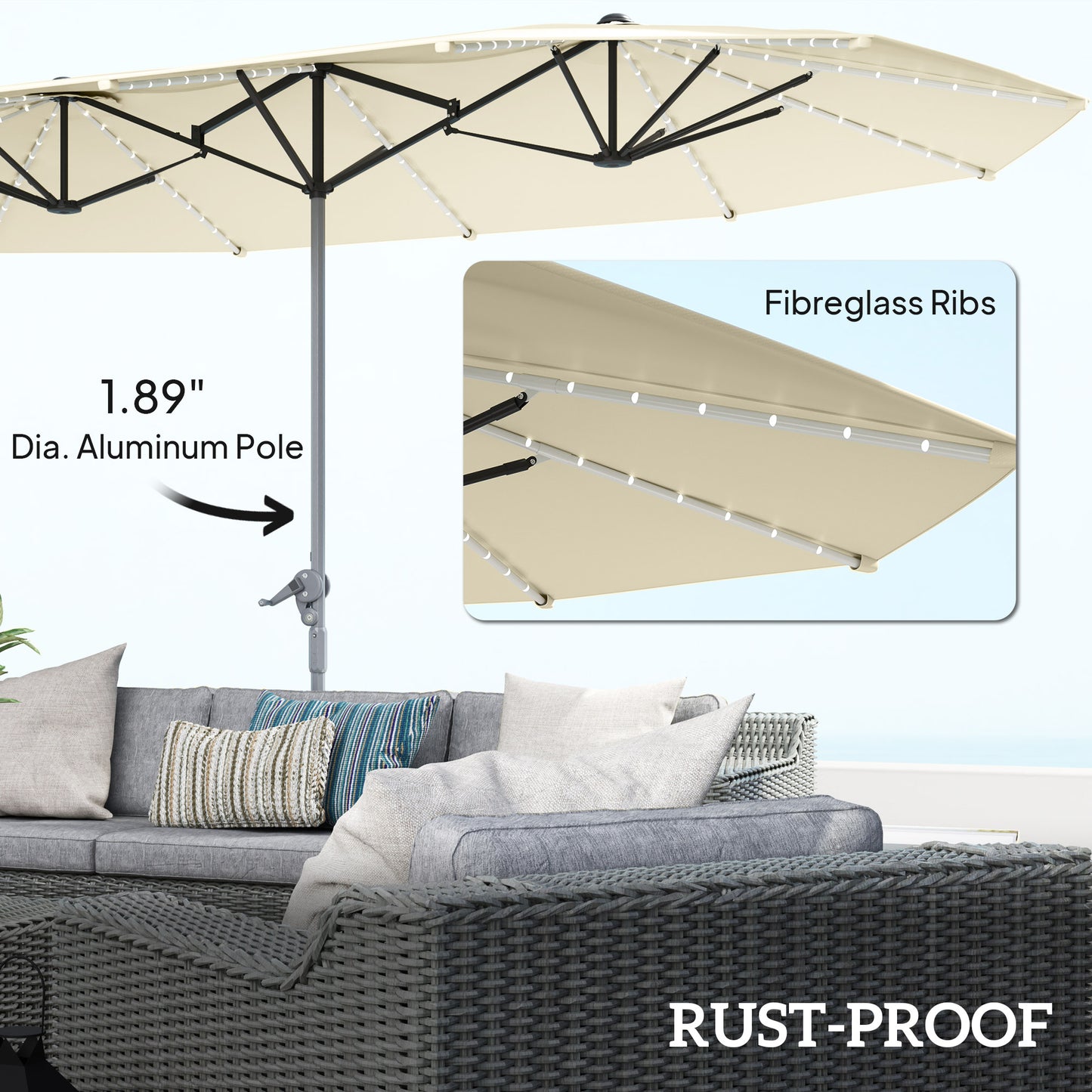 15ft Double-Sided Outdoor Umbrella With Solar Lights, Extra Large Aluminum Patio Umbrella With Crank, Cream White