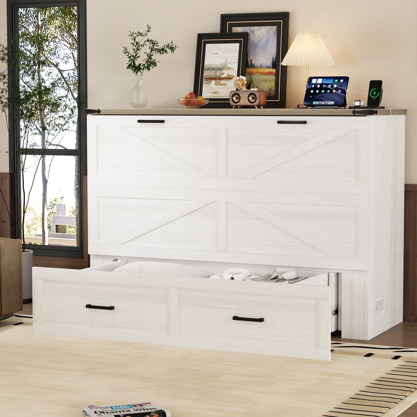 Queen Size Farmhouse Murphy Cabinet Bed With Charging Station, Foldable Platform Bed With Large Storage Drawer For Guest-Room, Small Bedroom, White