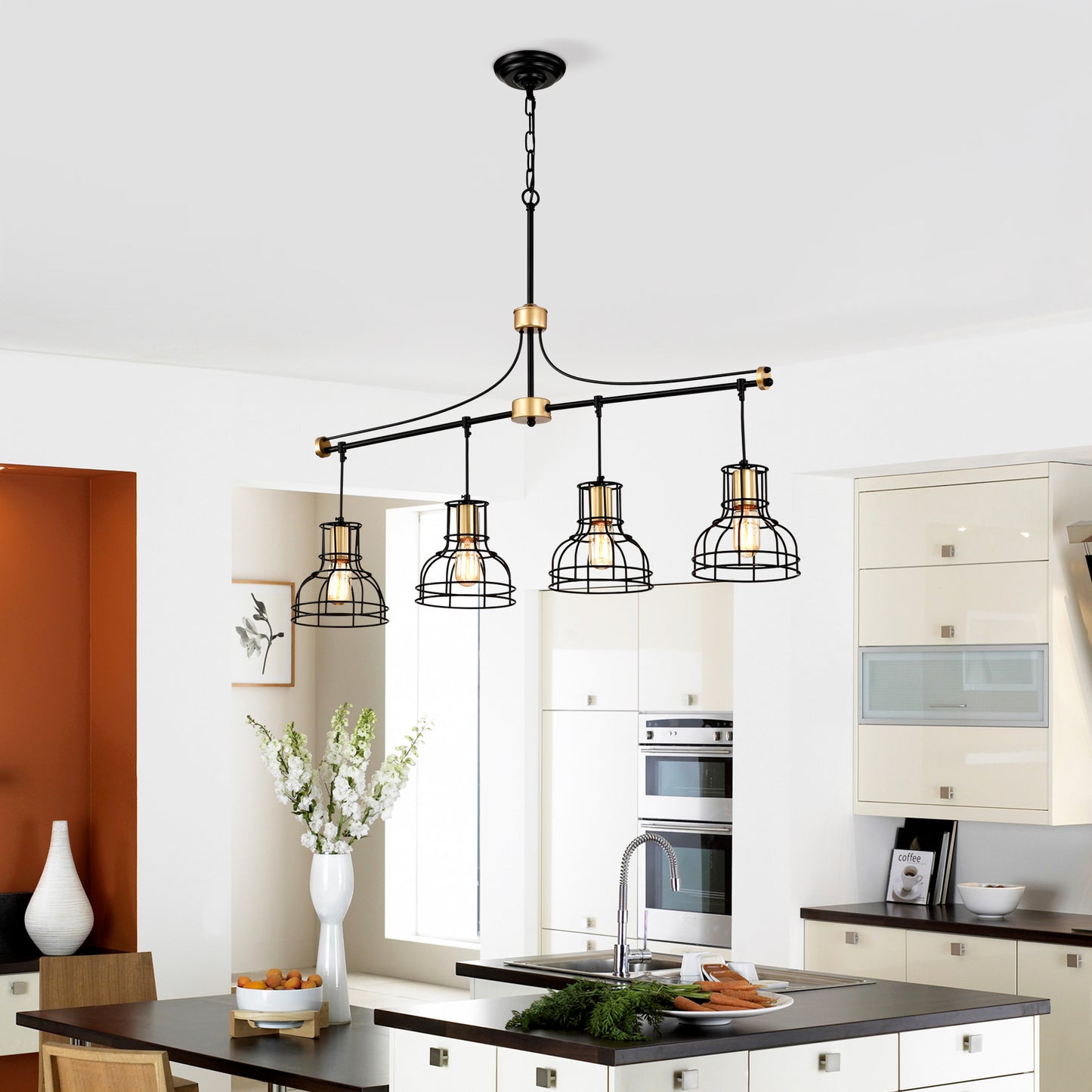 Dining Room Light Fixture Chandelier Over Table, 40-Inch Hanging For Farmhouse Linear Chandeliers,4-Light Kitchen Island Lighting,Matte Black And Matte Gold Ceiling Chandelier,with Metal Lampshade
