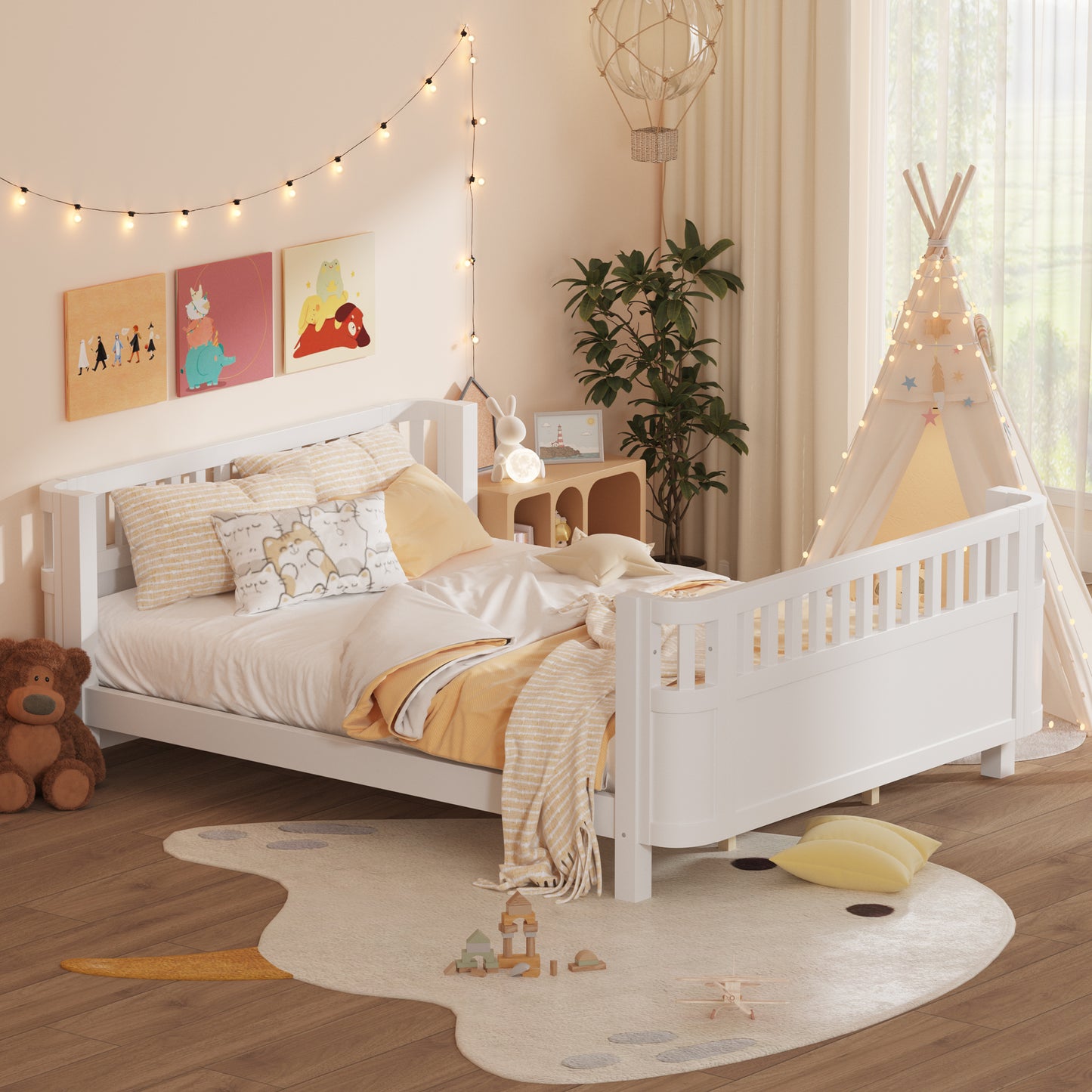 Queen Size Wood Platform Bed, Wood Low Profile Queen Bed With Rails For Girls And Boys, White