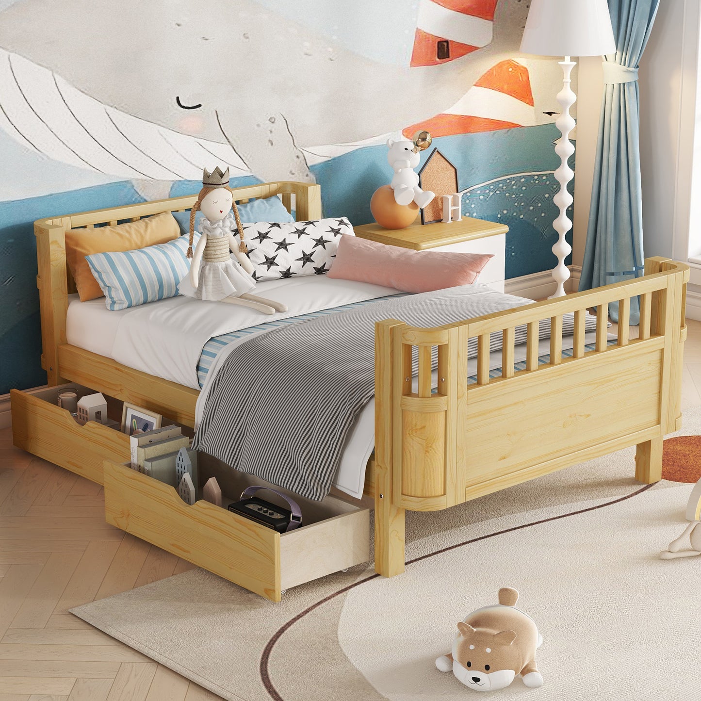 Twin Size Wood Platform Bed For Kids, Wood Low Profile Twin Bed With Rails For Girls And Boys, Natural Old SKU W2593P331680