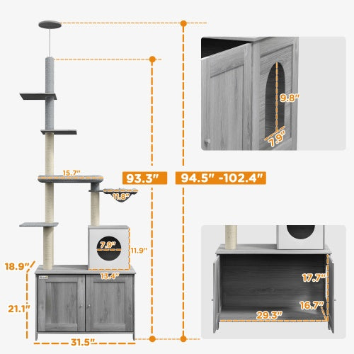 PawHut Cat Tree With Litter Box Enclosure, 2 In 1 Floor To Ceiling Cat Tower Litter Box Furniture With Condo, Bed, Hammock, Scratching Posts, And Platforms For Indoor Use, Gray