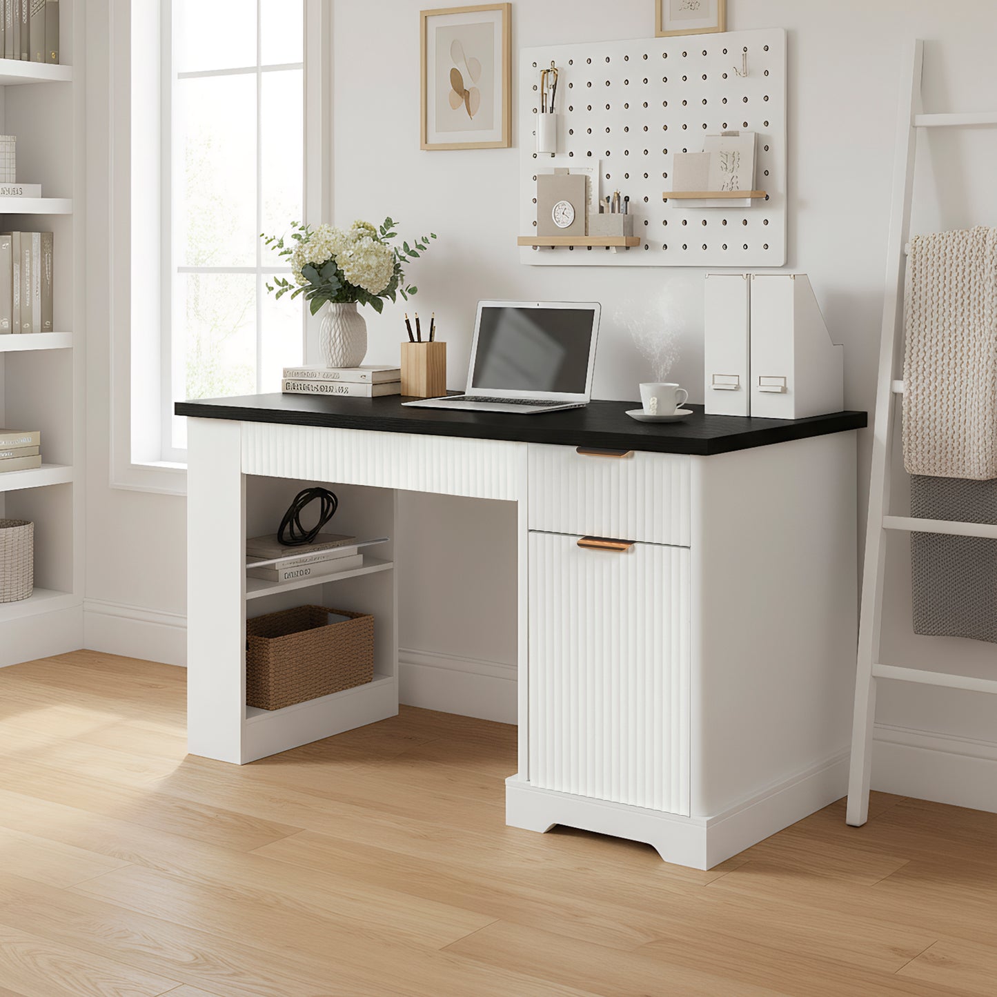 55 Modern Fluted Office Desk With Storage Cabinet  Drawers, Computer Writing Desk With Power Outlet, Pegboard, Built-in Shelves And Keyboard Tray For Study, Living Room, Home Office, White