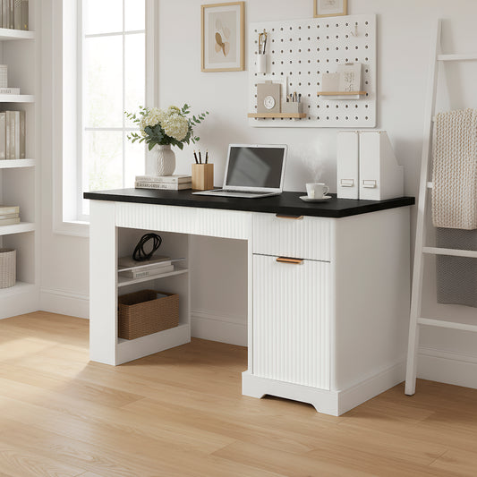 55 Modern Fluted Office Desk With Storage Cabinet  Drawers, Computer Writing Desk With Power Outlet, Pegboard, Built-in Shelves And Keyboard Tray For Study, Living Room, Home Office, White