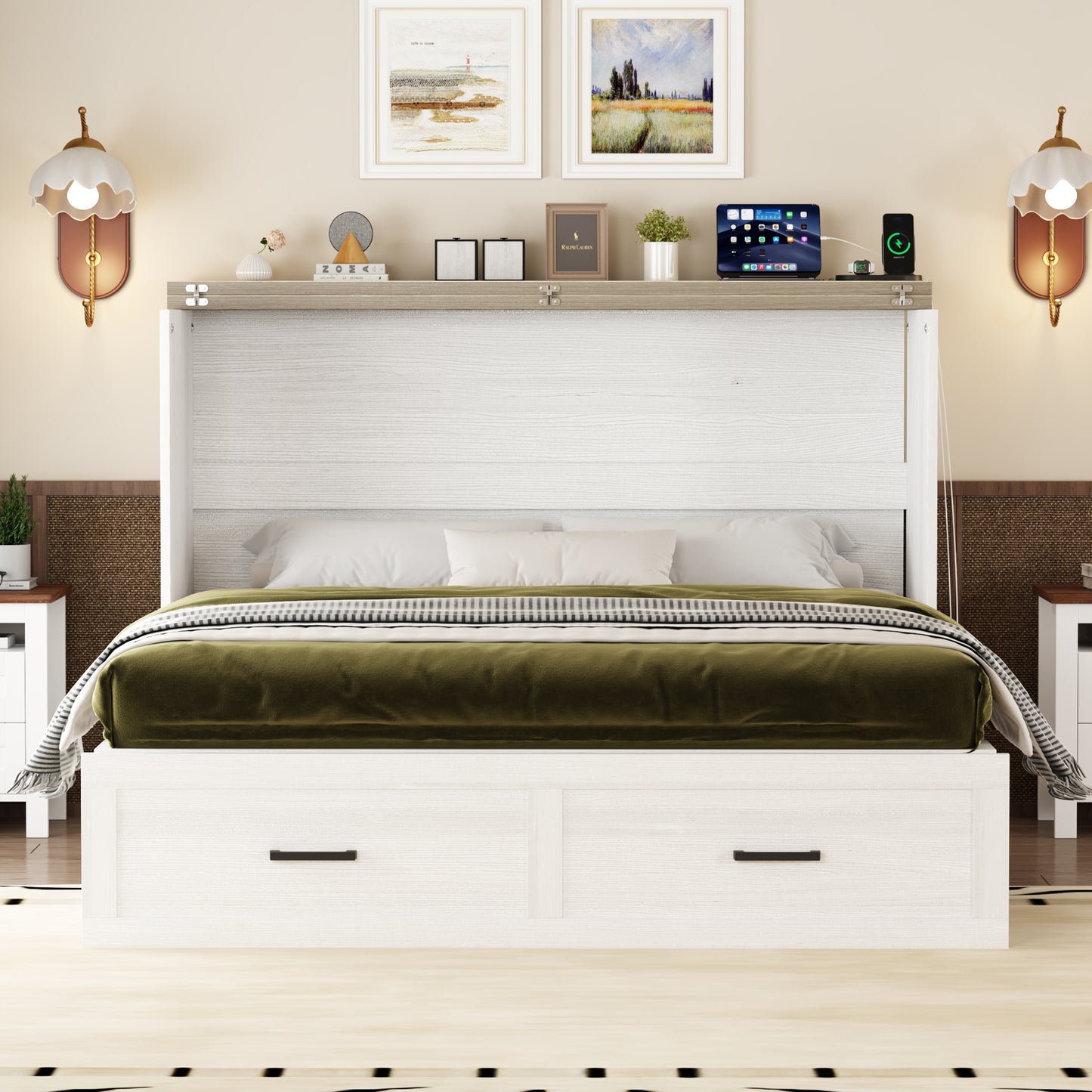 Queen Size Farmhouse Murphy Cabinet Bed With Charging Station, Foldable Platform Bed With Large Storage Drawer For Guest-Room, Small Bedroom, White