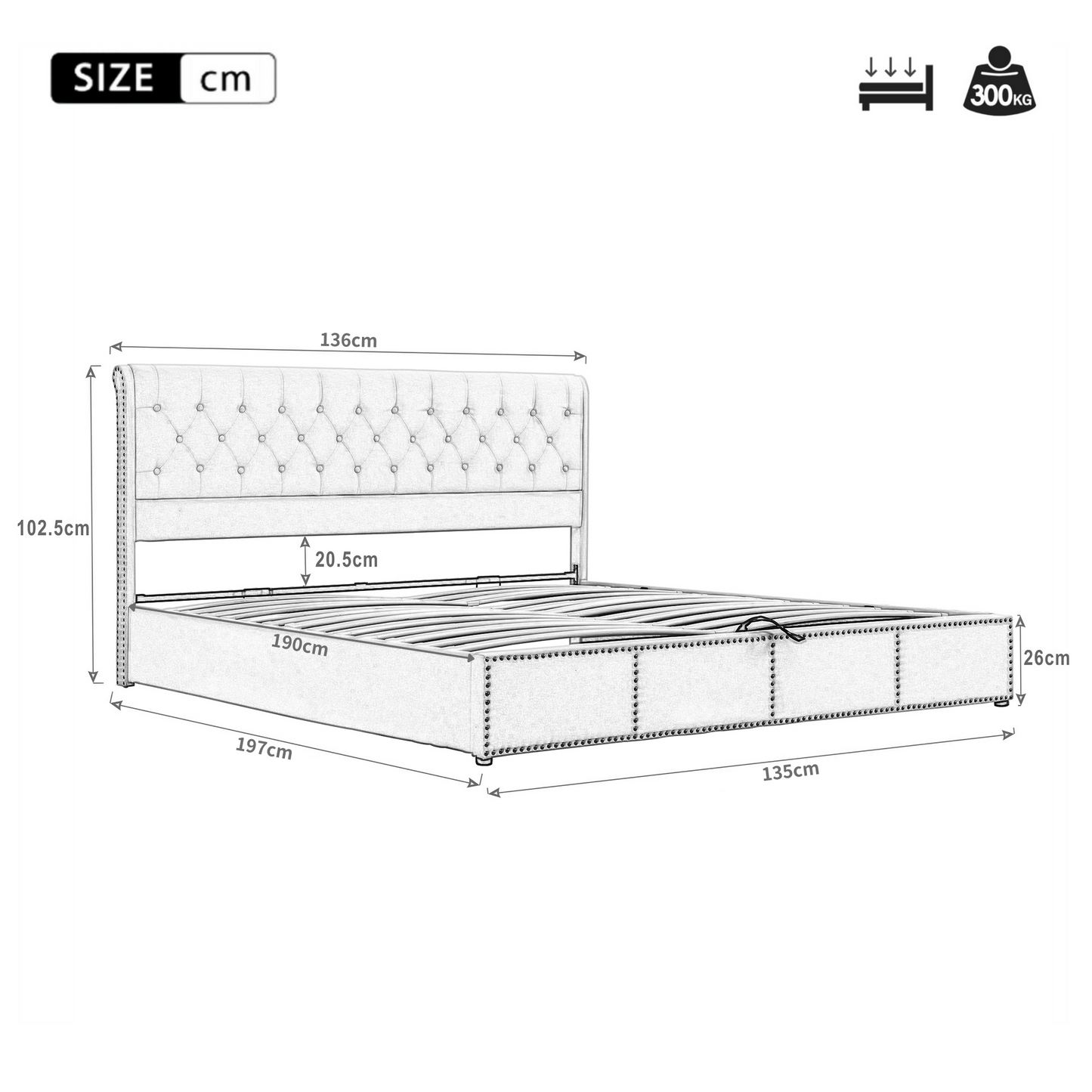 Upholstered Bed,Double Bed-4ft6 135x190cm,with Upholstered Bench 135 X 41 X 42 Cm, With Hydraulic Lever, Functional Storage Bed, Rivet Decoration,Velvet,Grey