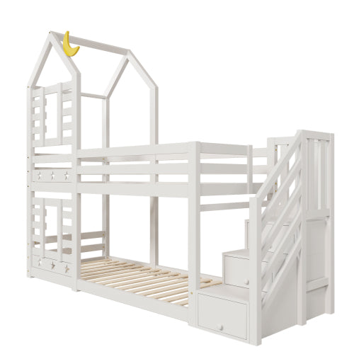 Bunk Bed Storage Children Cabin Bed Single Bed With Window For Kids, Twin Sleeper 190x90 Cm, Solid Pine Wood,3FT -White