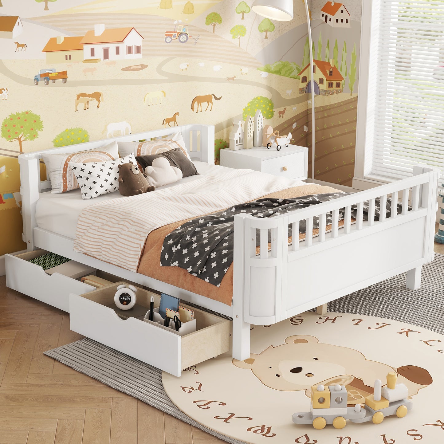 Full Size Wood Platform Bed For Kids, Wood Low Profile Full Bed With Rails For Girls And Boys, White Old SKU W2593P331684