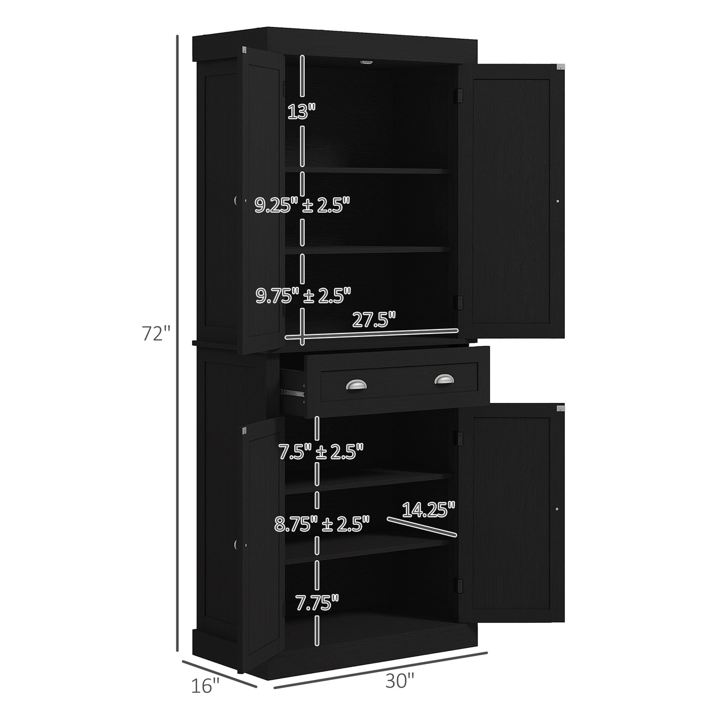 72.5" Kitchen Cabinet, Pantry Storage Cabinet with Doors and Shelves, Freestanding Food Pantry Cabinet, Black Wood Grain
