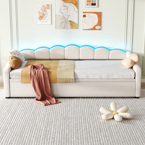 Upholstered Bed 90x190cm, Daybed, Sofa Bed With RGB LED Lighting, 3ft Petal Shape Single Bed With Trundle,Pull Out Trundle Bed For Living Room BedroomStudy Room, Velvet, Beige