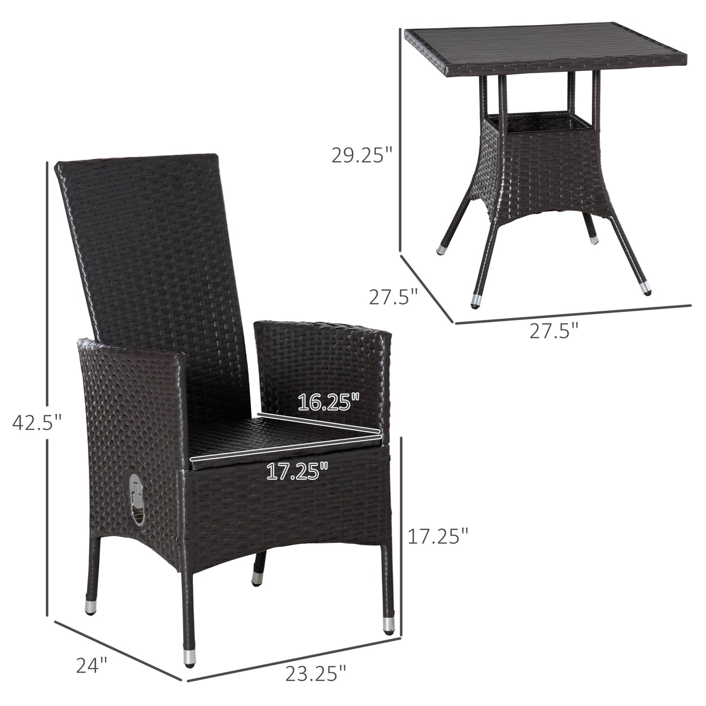 3 Piece Patio Bistro Set, PE Wicker Furniture Conversation Set W/ Tufted Cushion Reclining Chairs & Coffee Table, Cream