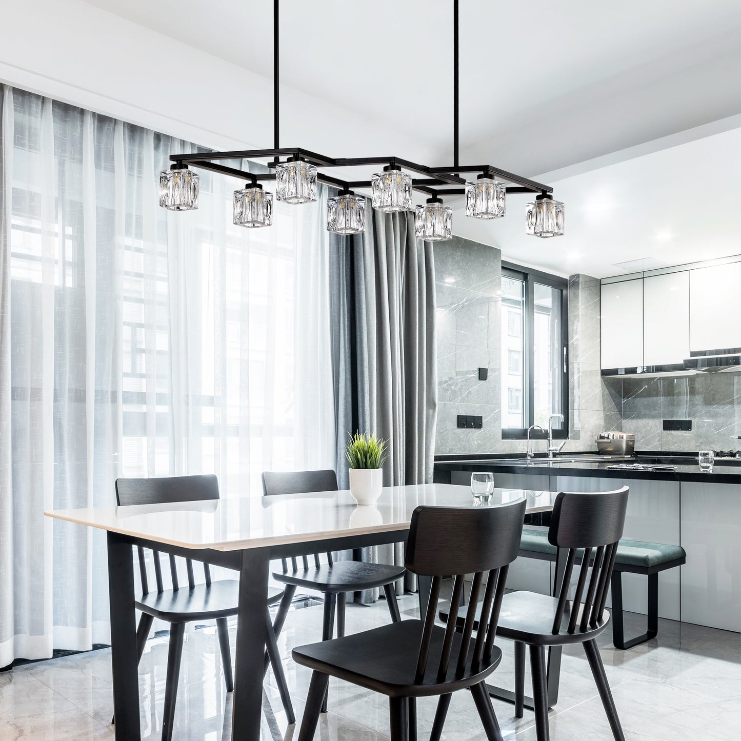 Matte Black Crystal Chandelier For Dining Room, 8-Light Kitchen Chandelier Light Fixture Modern Metal Industrial Chandeliers For Farmhouse Entryway Living Room