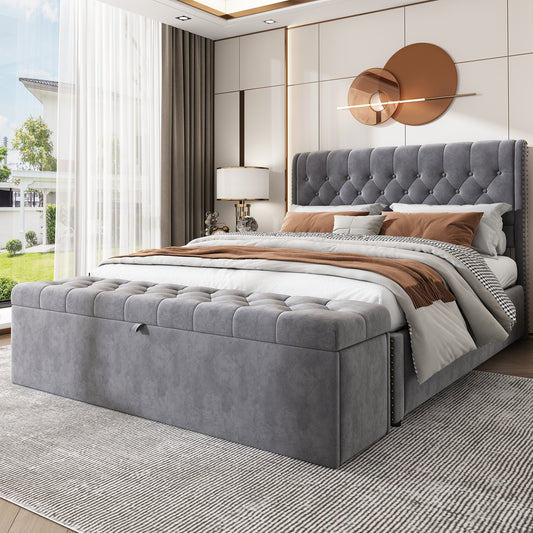Upholstered Bed,Double Bed-4ft6 135x190cm,with Upholstered Bench 135 X 41 X 42 Cm, With Hydraulic Lever, Functional Storage Bed, Rivet Decoration,Velvet,Grey