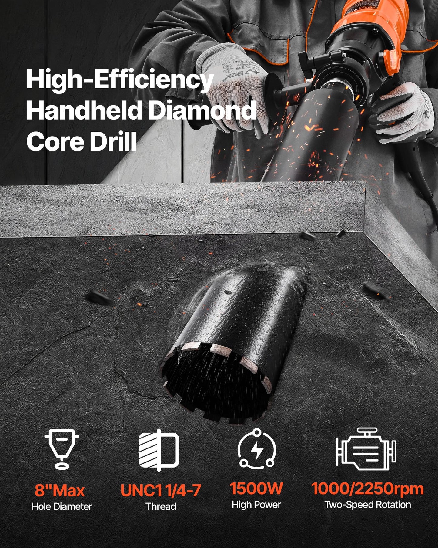 Diamond Core Drill Machine Handheld Concrete Core Drill Rig 8 In Dia 1800W