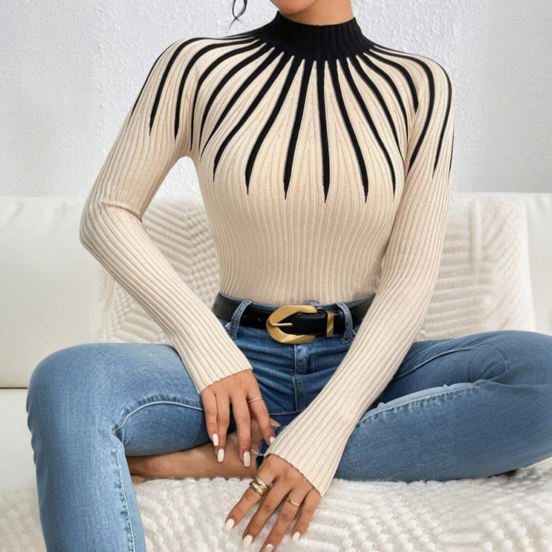 Womens Slim Fit Mock Neck Sweater, Ribbed Striped Long Sleeve Knit For Fall Winter