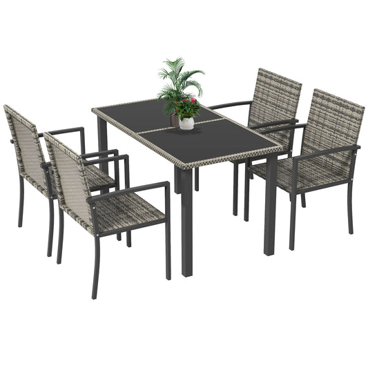 Outdoor Dining Set 5 Pieces Patio Conservatory With Tempered Glass Tabletop,4 Dining Chairs - Mixed Grey