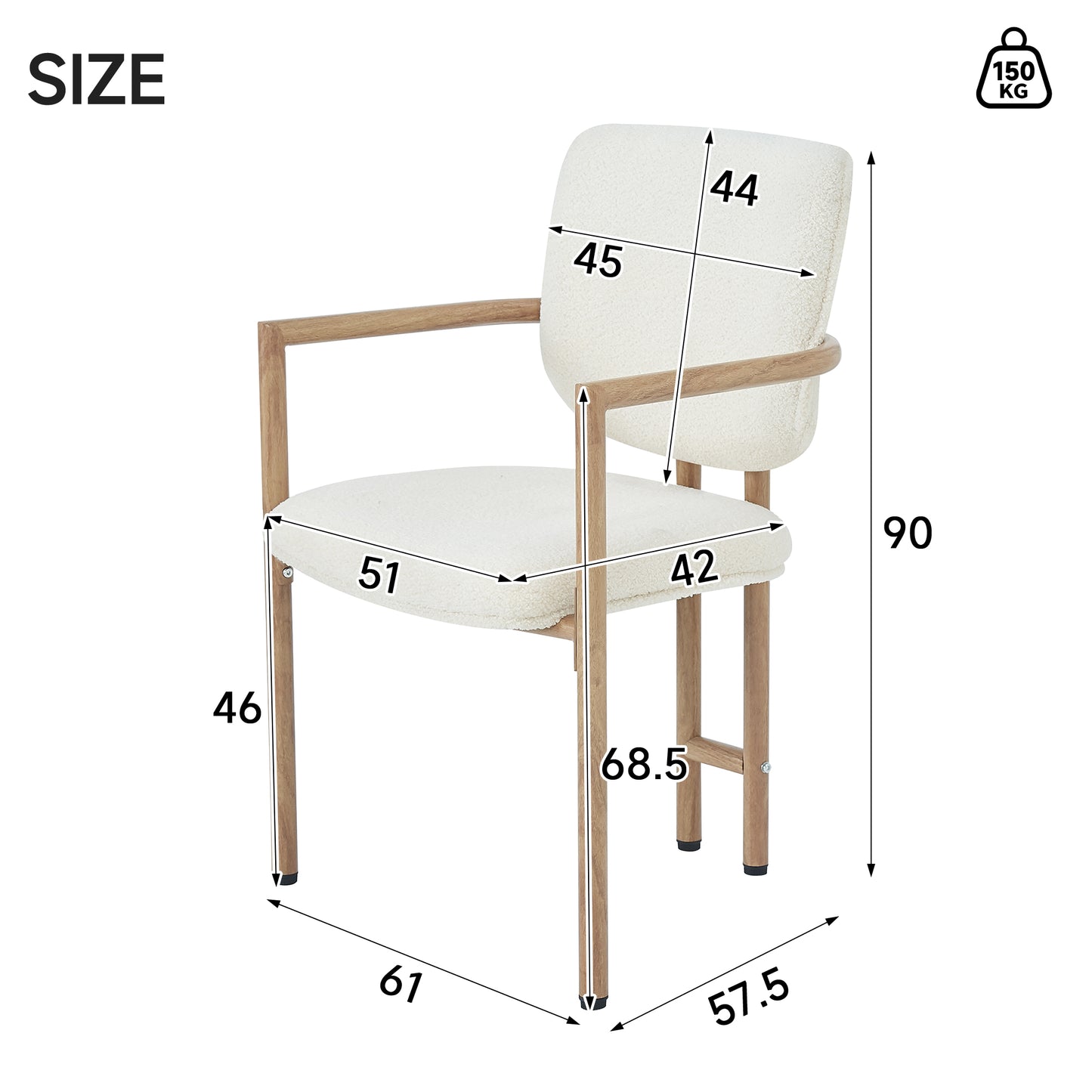 Set Of 4, Metal Chairs, Dining Chairs, Suitable For Homes, Restaurants, Living Rooms, And Cafes, Boucle, Natural Wood Color