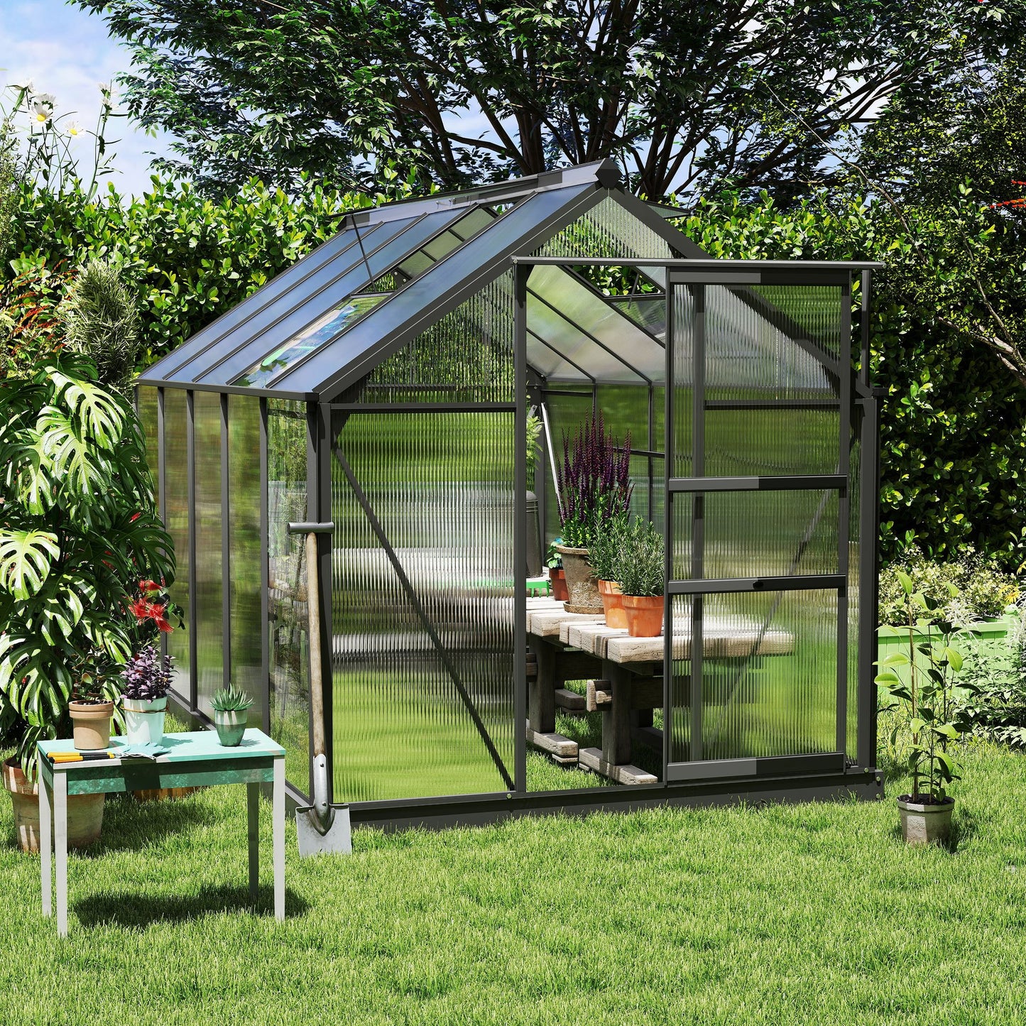 6' x 10' Greenhouse for Outdoors, Polycarbonate Greenhouse with Rain Gutter and Roof Vent, Aluminum Walk-in Green Houses for Outside for Patio Backyard Garden, Dark Green
