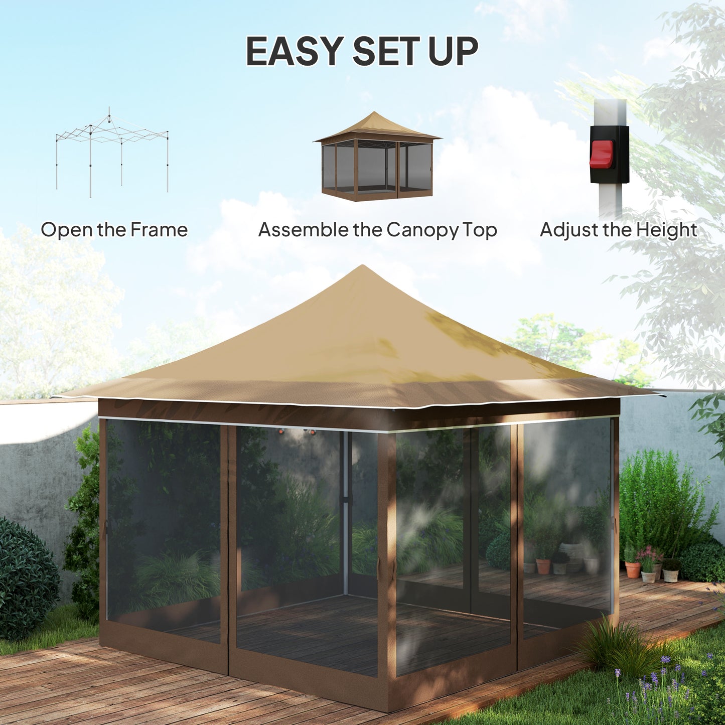 12 x 12 ft. Canopy Tent with Mesh Netting, UPF50+ Pop Up Tent with Carry Bag for Garden, Patio, Beige