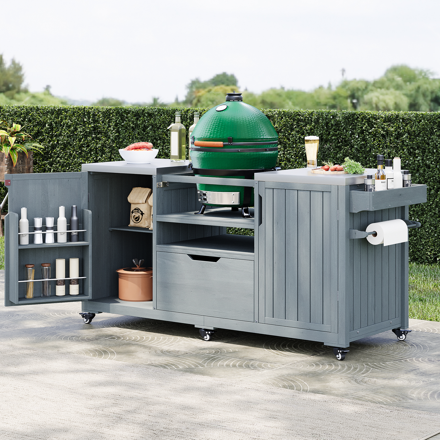 K&K 66.5 Outdoor Kitchen Island, Solid Wood Outdoor Grill Cart, Featuring Stainless Steel Countertop And Drawers, Compatible With Large Green Egg Grill, Carducci Gray And Blue Model