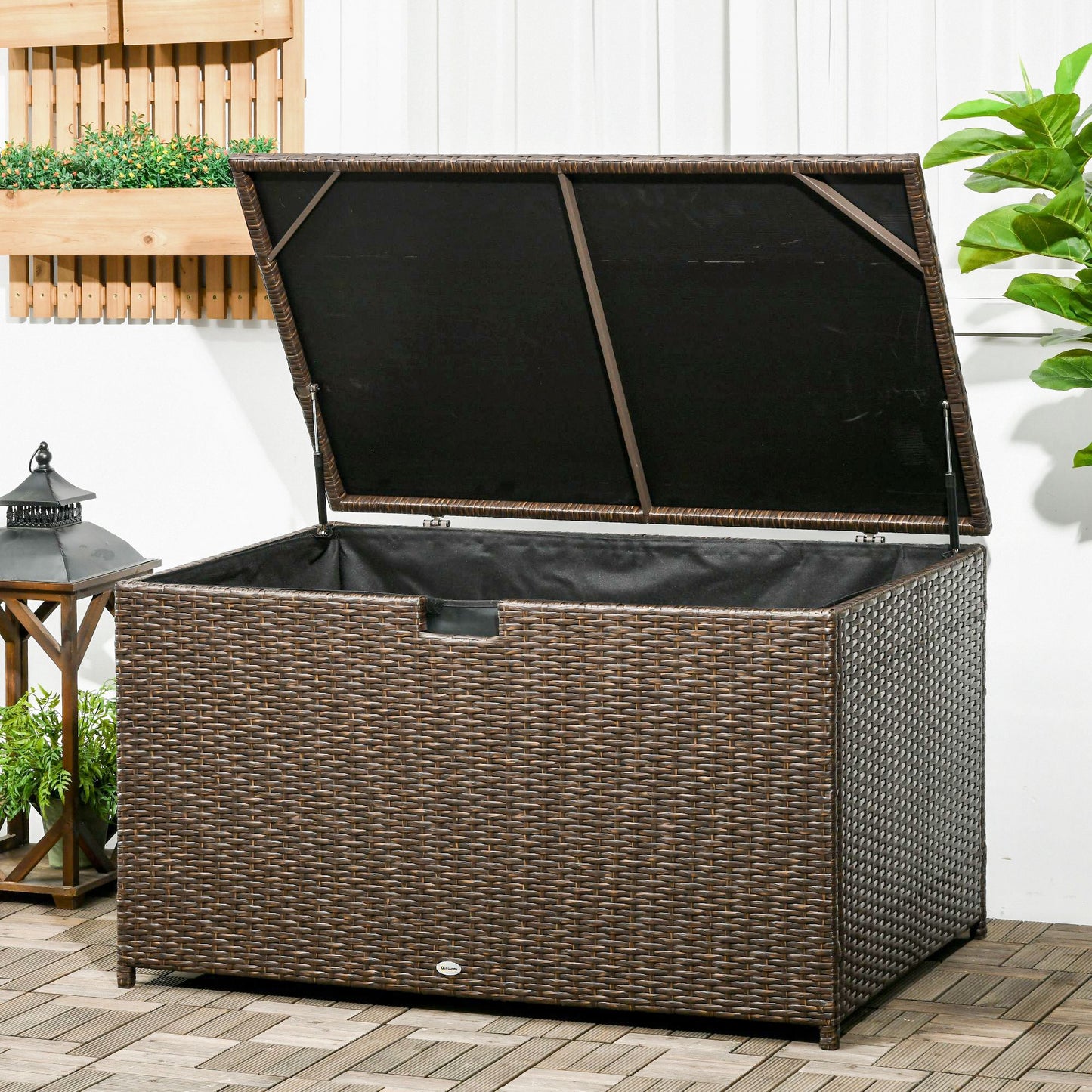 113 Gallon Outdoor Storage Box, Rattan Deck Box For Indoor, Patio Furniture Cushions, Pool Garden Tools, Brown