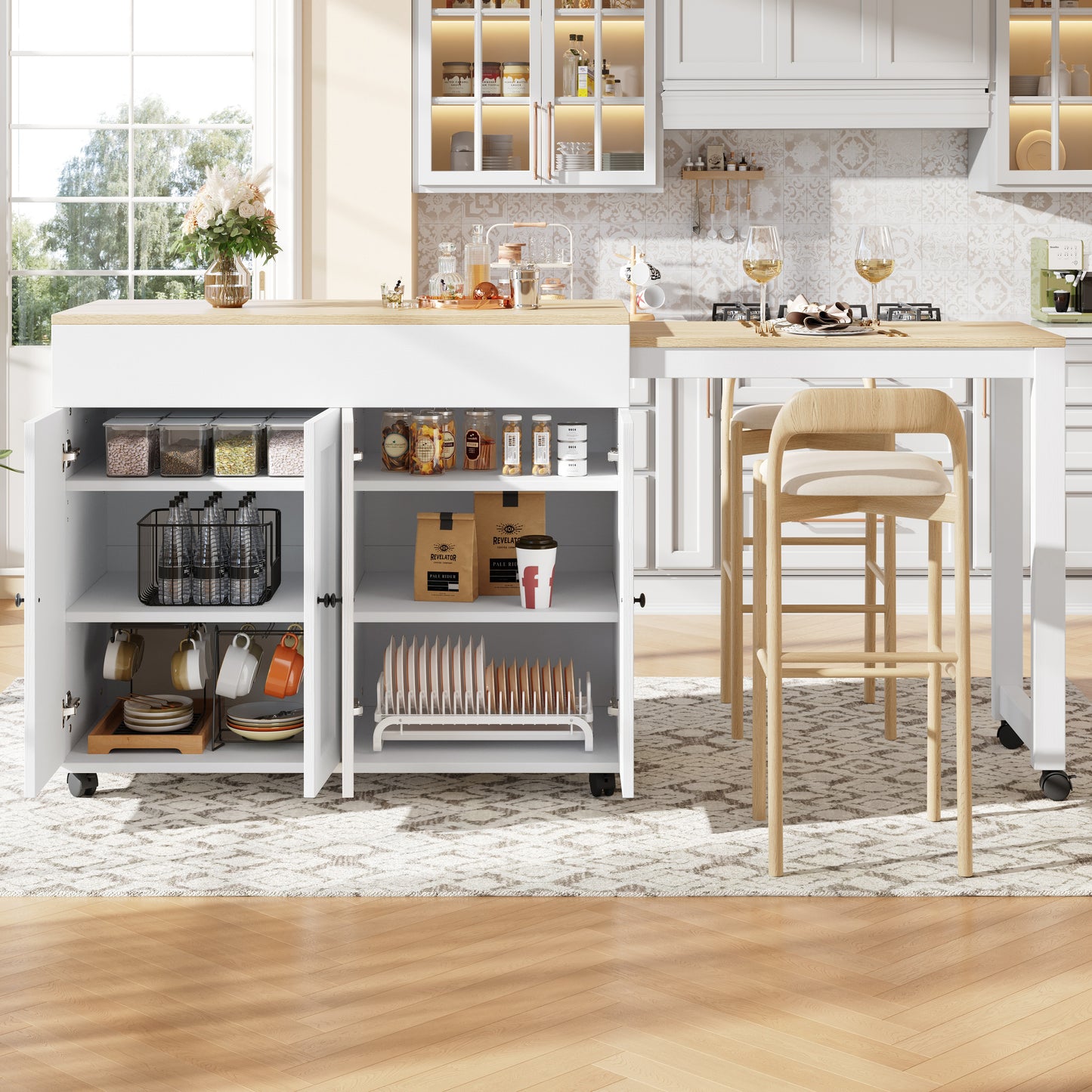 Modern Extendable Bar Table 118-180x50x94cm, Extendable Dining Table With Storage, With Six Shelves, Standing Table Bistro Table, For Dining Room, Use As Living Room Room Divider, White Gray