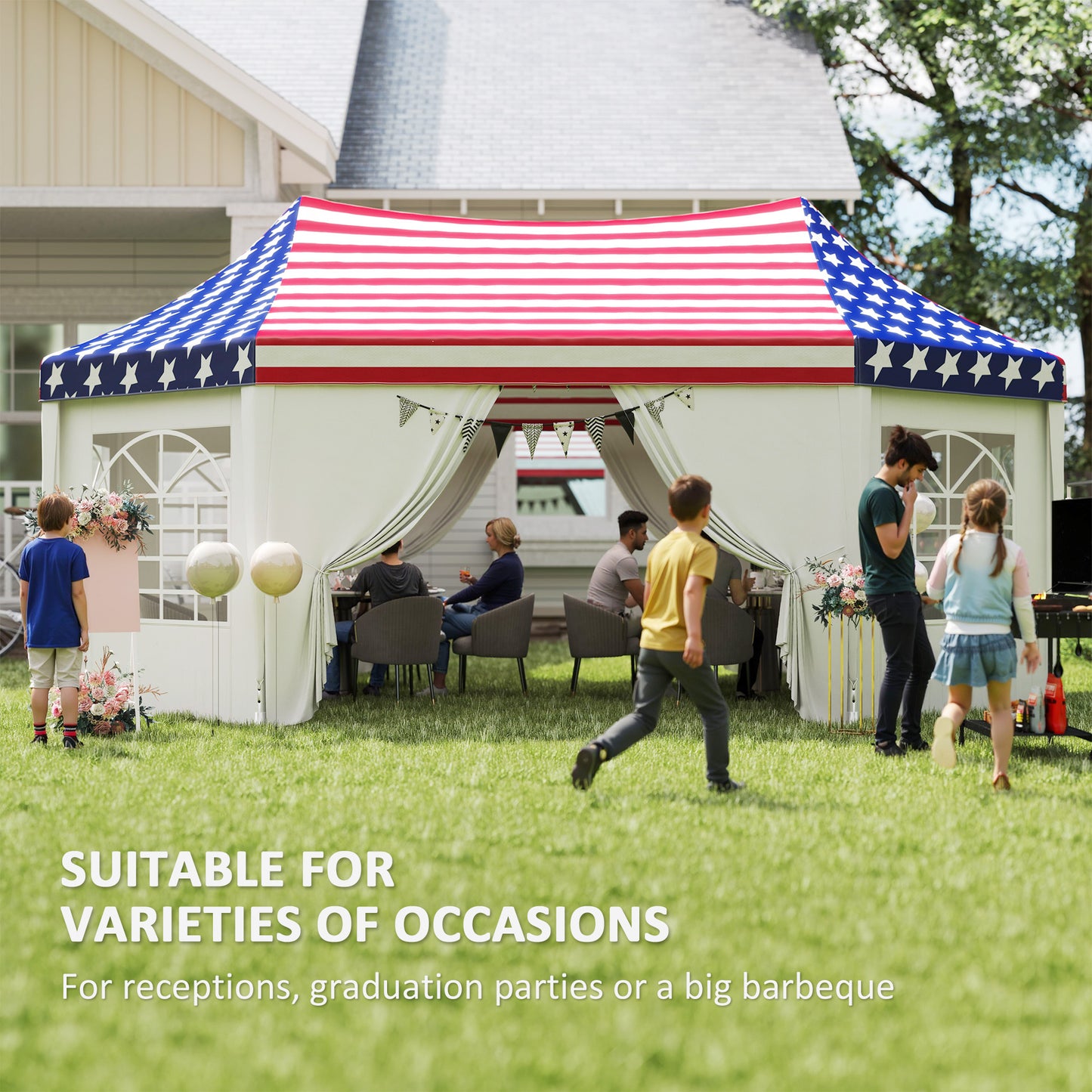 22.3 x 16.4 ft Heavy Duty Party Tent, Outdoot Canopy Tent with 2 Doors and 6 Windows, American Flag