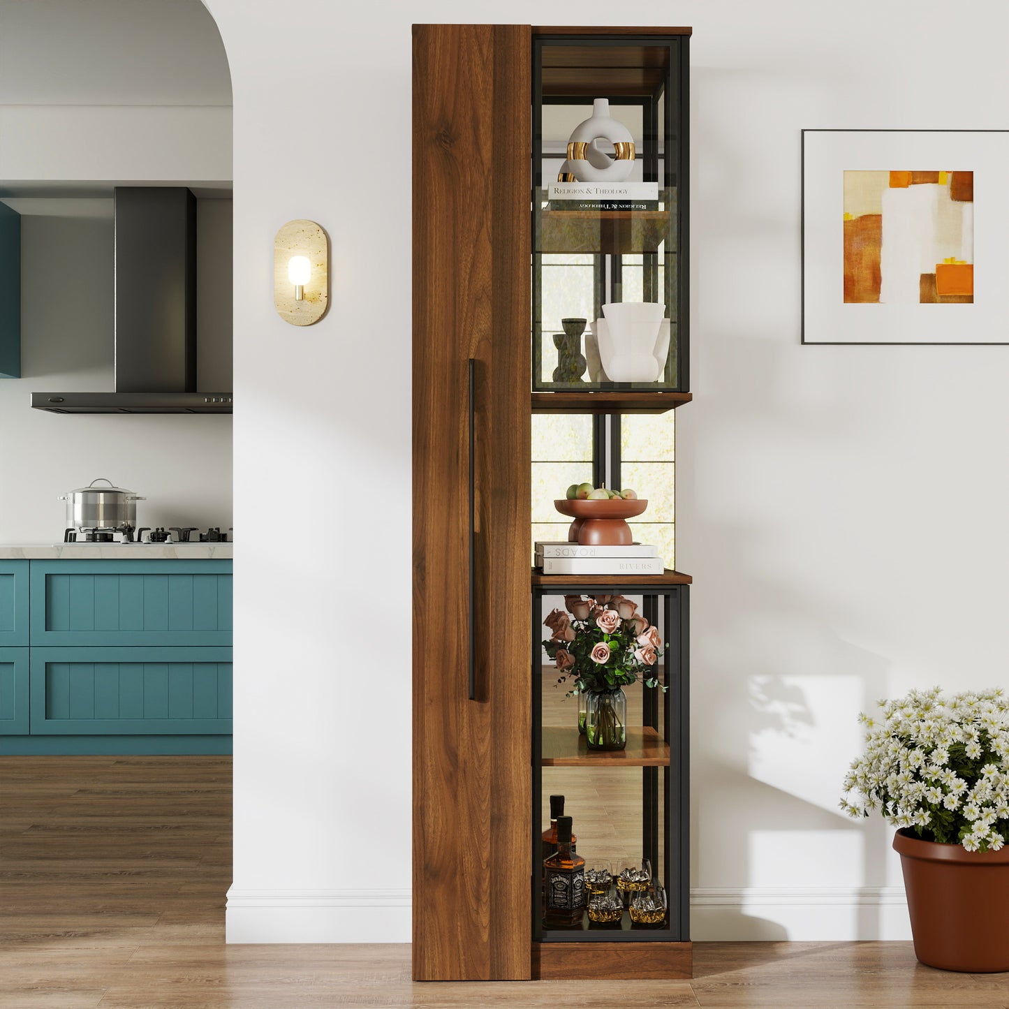 70 Display Cabinet With Glass Doors And Lights, With Multi-functional Pull-out Multi-tier Storage Shelf , Wooden Display Storage Cabinets