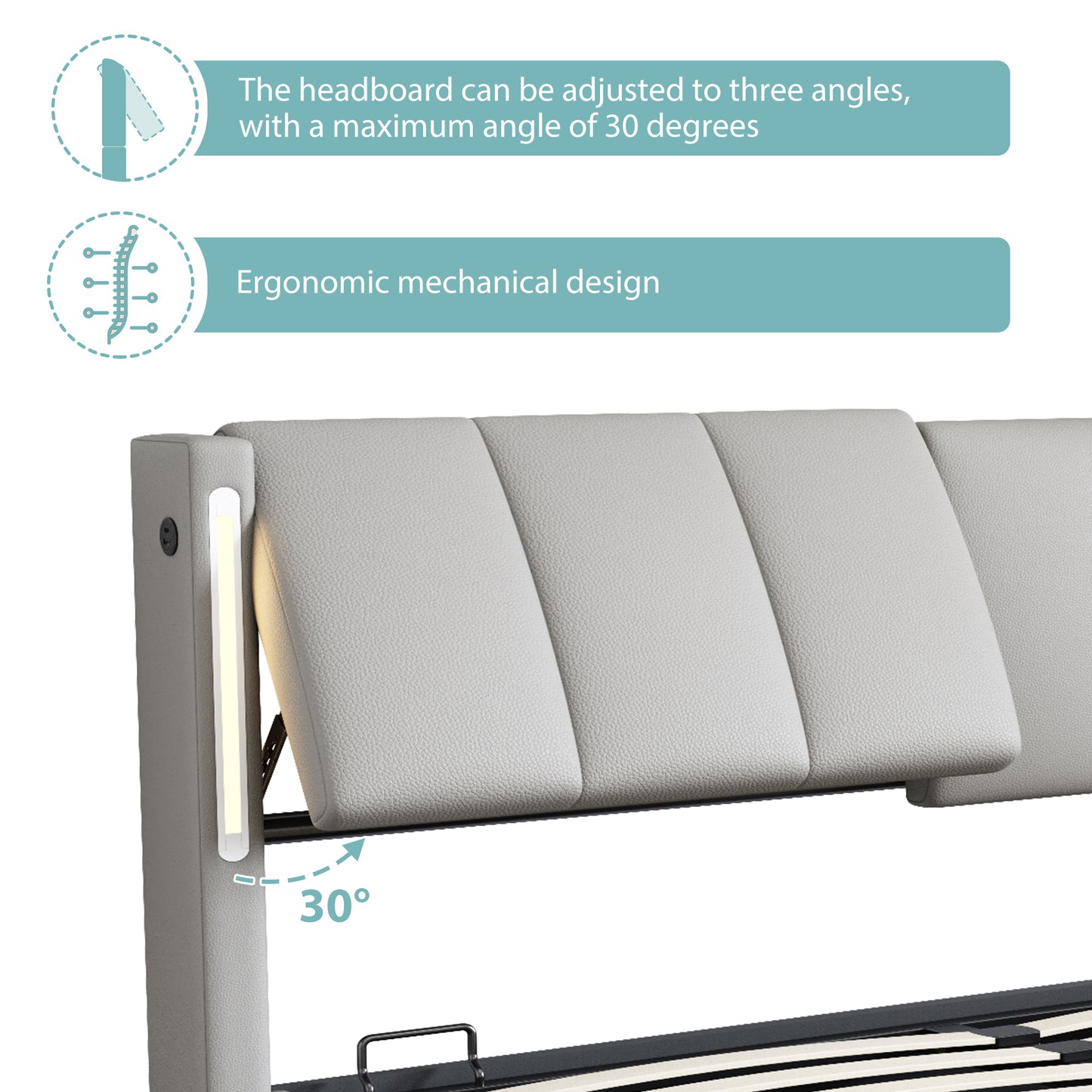 LED Upholstered Bed ,Double Bed-4ft6 135X190cm Hydraulic Bed, Rechargeable USB Port In Bed, With LED Lighting, With Storage Space, Adjustable Headboard, PU , Grey