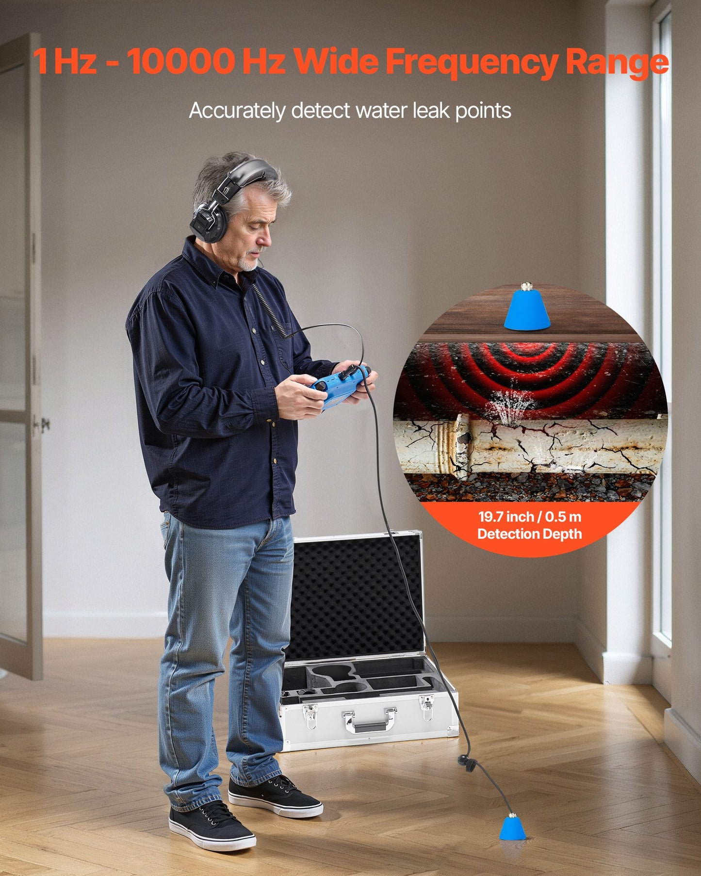 Pipe Water Leak Detector For Indoors, 1Hz-10000Hz, 7" Touchscreen Plumbing Water Leakage Detection Locator With Horizontal & Vertical Sensors, Headphones, 8GB SD Card & Carry Case For Home Use