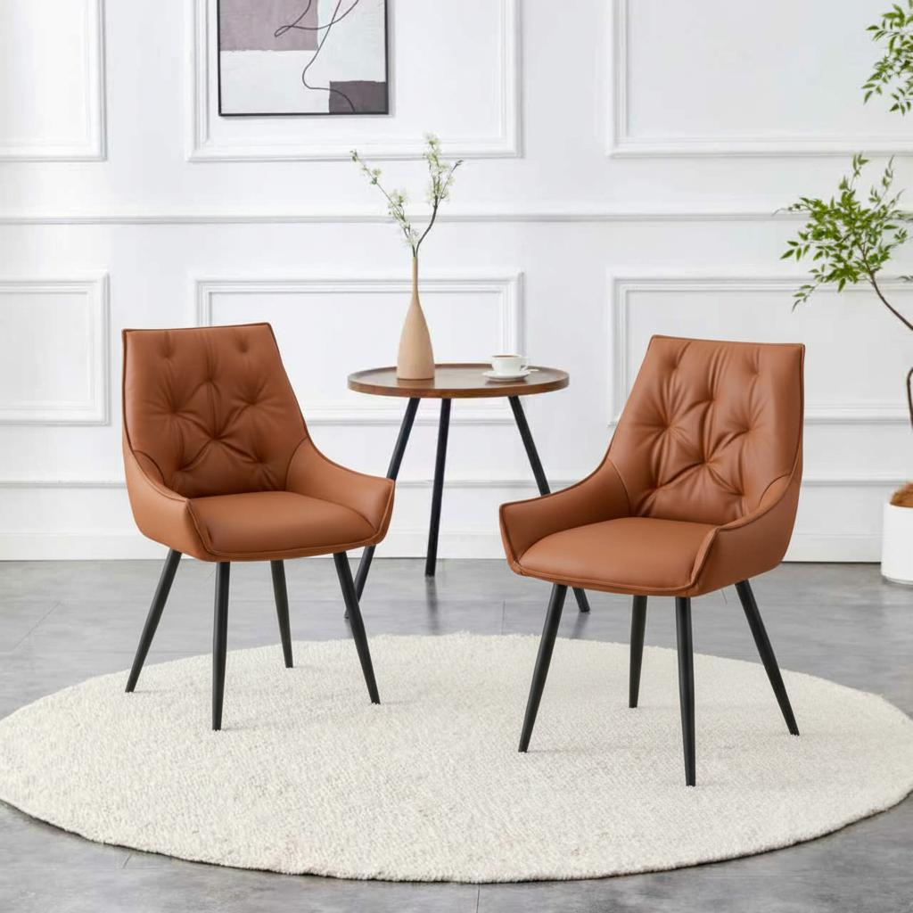 Dining Chairs Set Of 4, Camel Faux Leather Dining Room Chair, Metal Kitchen Chairs With Gold Mesh Texture And Black Sanded Legs, Flat Back Upholstered Chair  Camel, Set Of 4