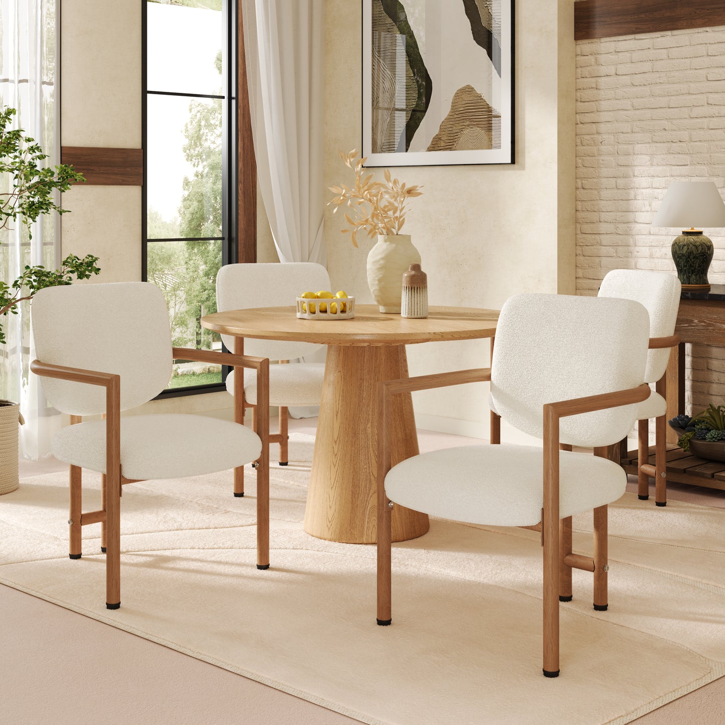 Set Of 4, Metal Chairs, Dining Chairs, Suitable For Homes, Restaurants, Living Rooms, And Cafes, Boucle, Natural Wood Color