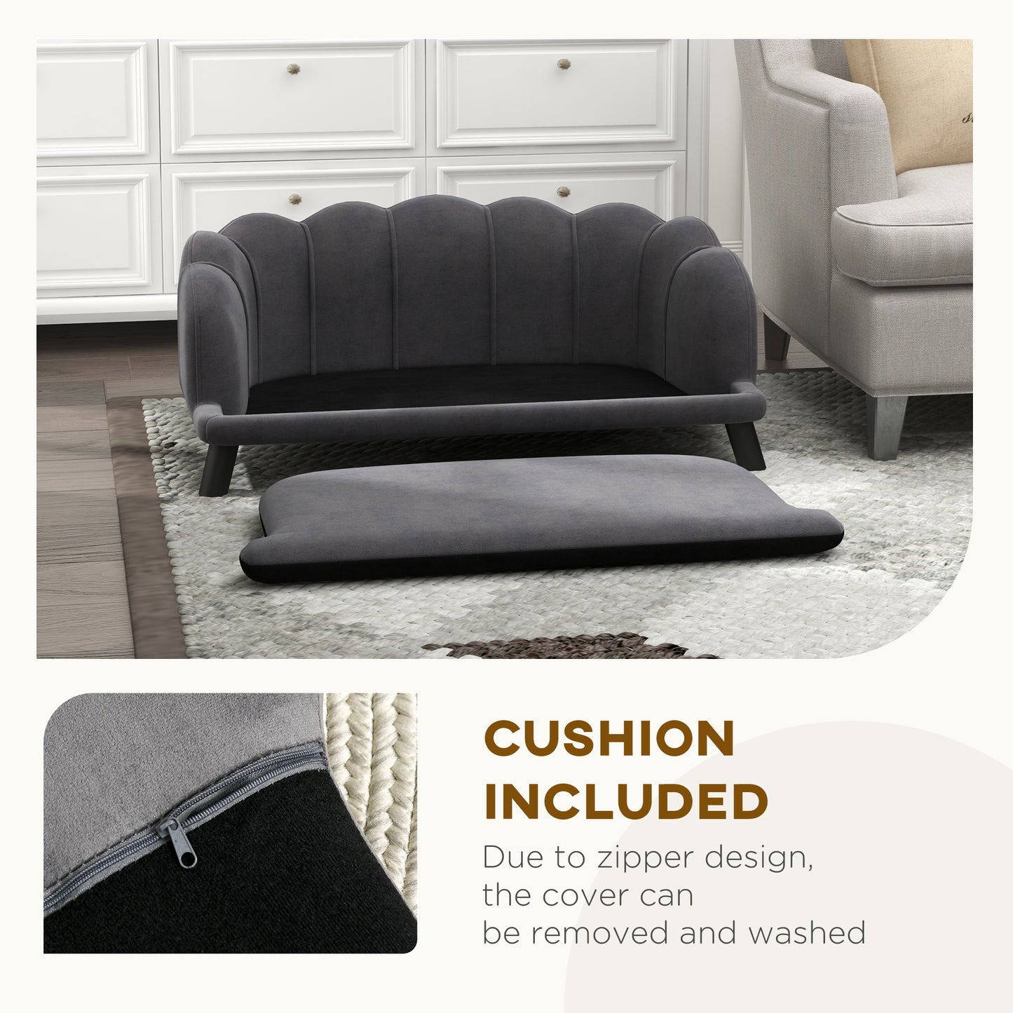 Pearl Design Pet Sofa for Medium and Large Sized Dogs, Pet Bed with Cushion and Solid Wood Legs, Charcoal Gray