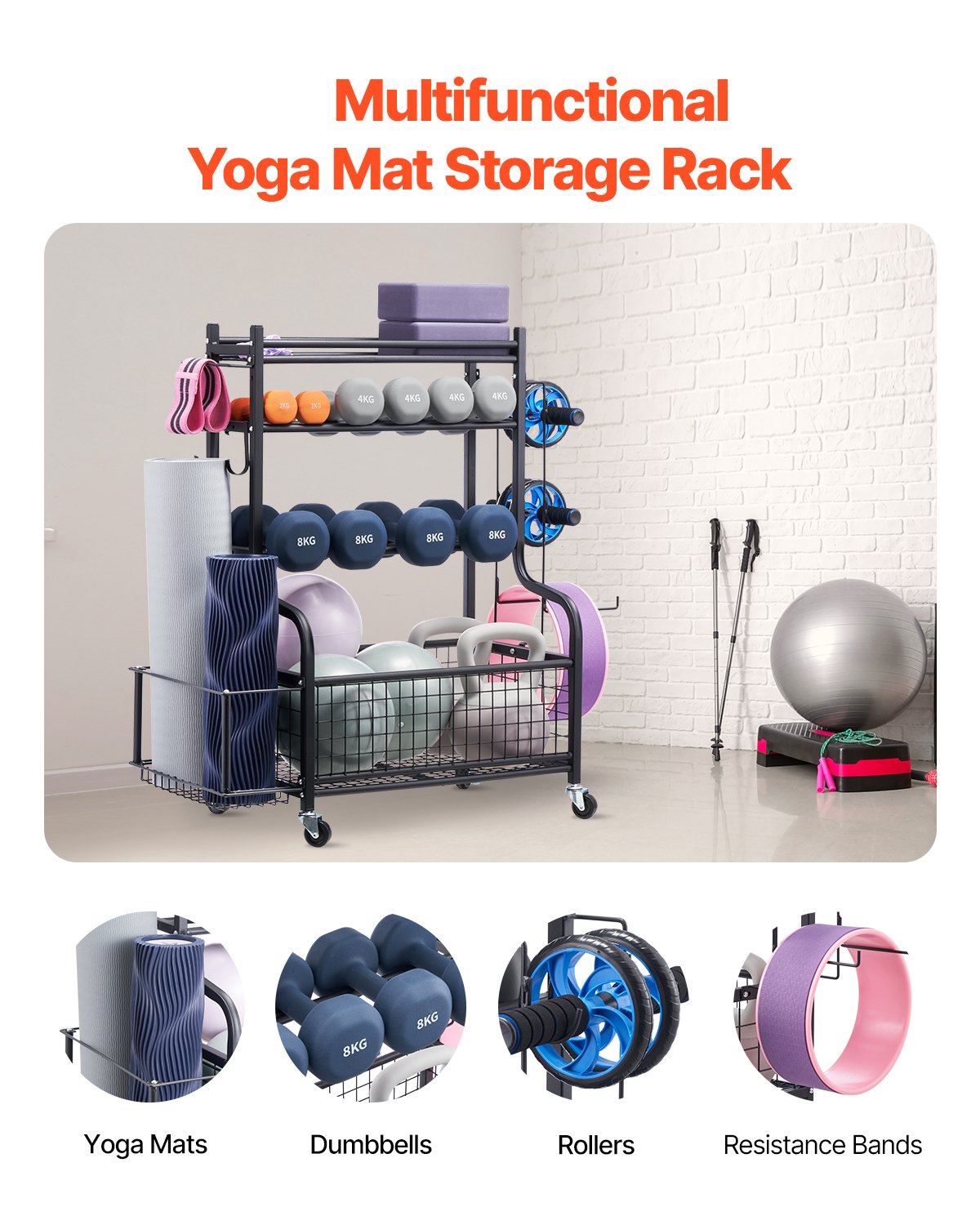 Yoga Mat Storage Rack, Powder Coated Finish Steel Yoga Mat Holder, Home Gym Workout Equipment Organizer With Hooks & Wheels, Weight Rack For Foam Roller, Dumbbell, Kettlebell, And Yoga Strap
