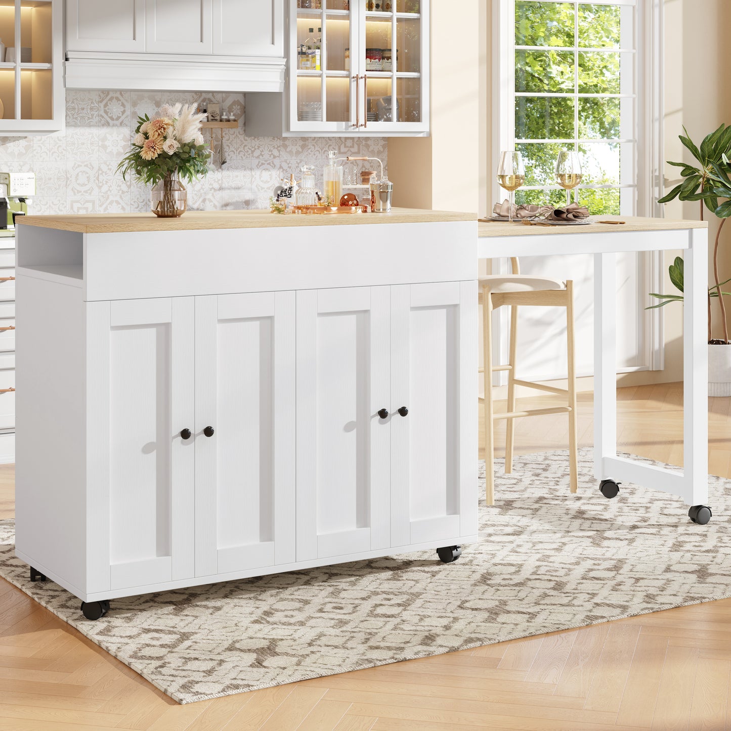 Modern Extendable Bar Table 118-180x50x94cm, Extendable Dining Table With Storage, With Six Shelves, Standing Table Bistro Table, For Dining Room, Use As Living Room Room Divider, White Gray