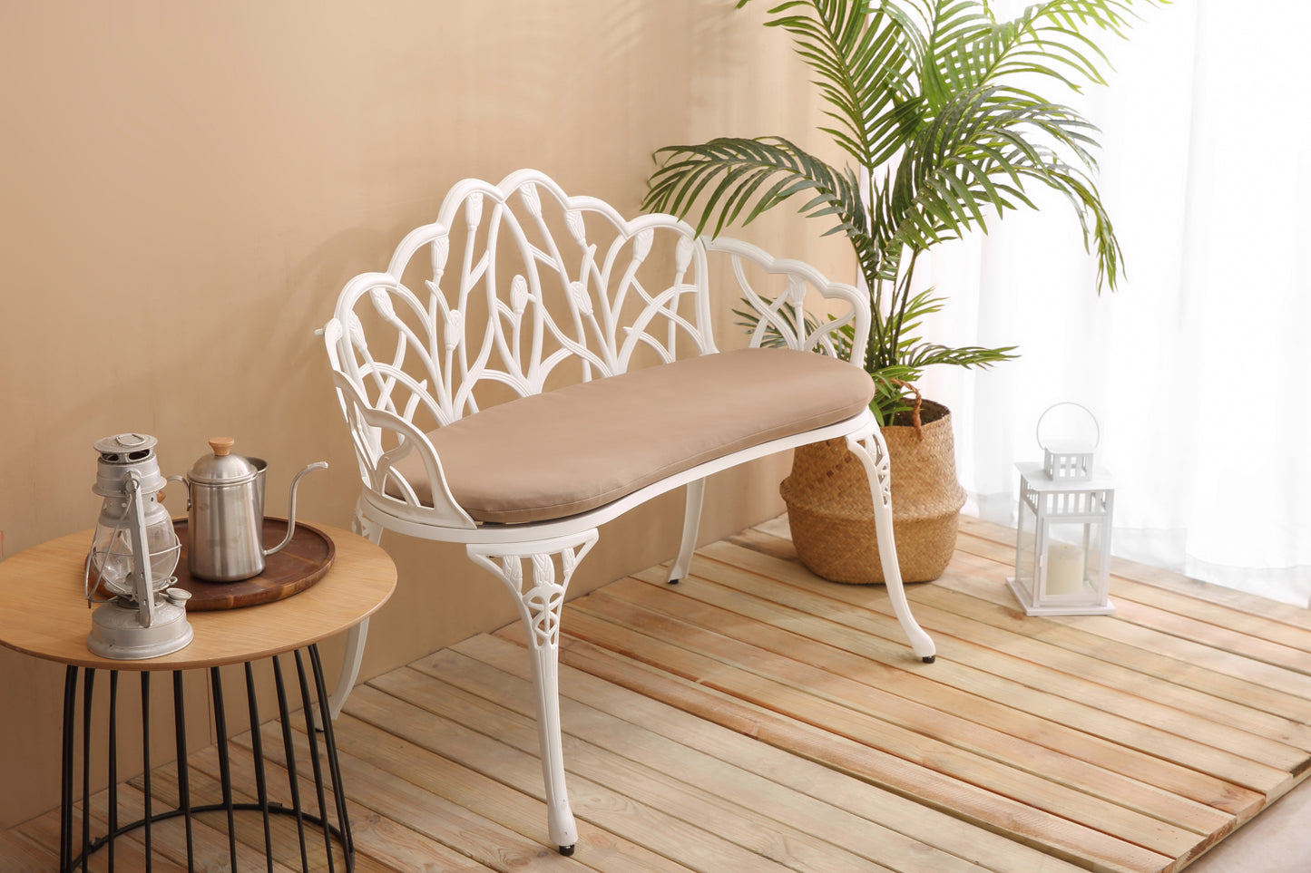 Tulip Patio Garden Bench Metal Park Bench Cast Aluminum Outdoor Furniture With Floral Rose For Patio,Park,Lawn,Yard With Cushion