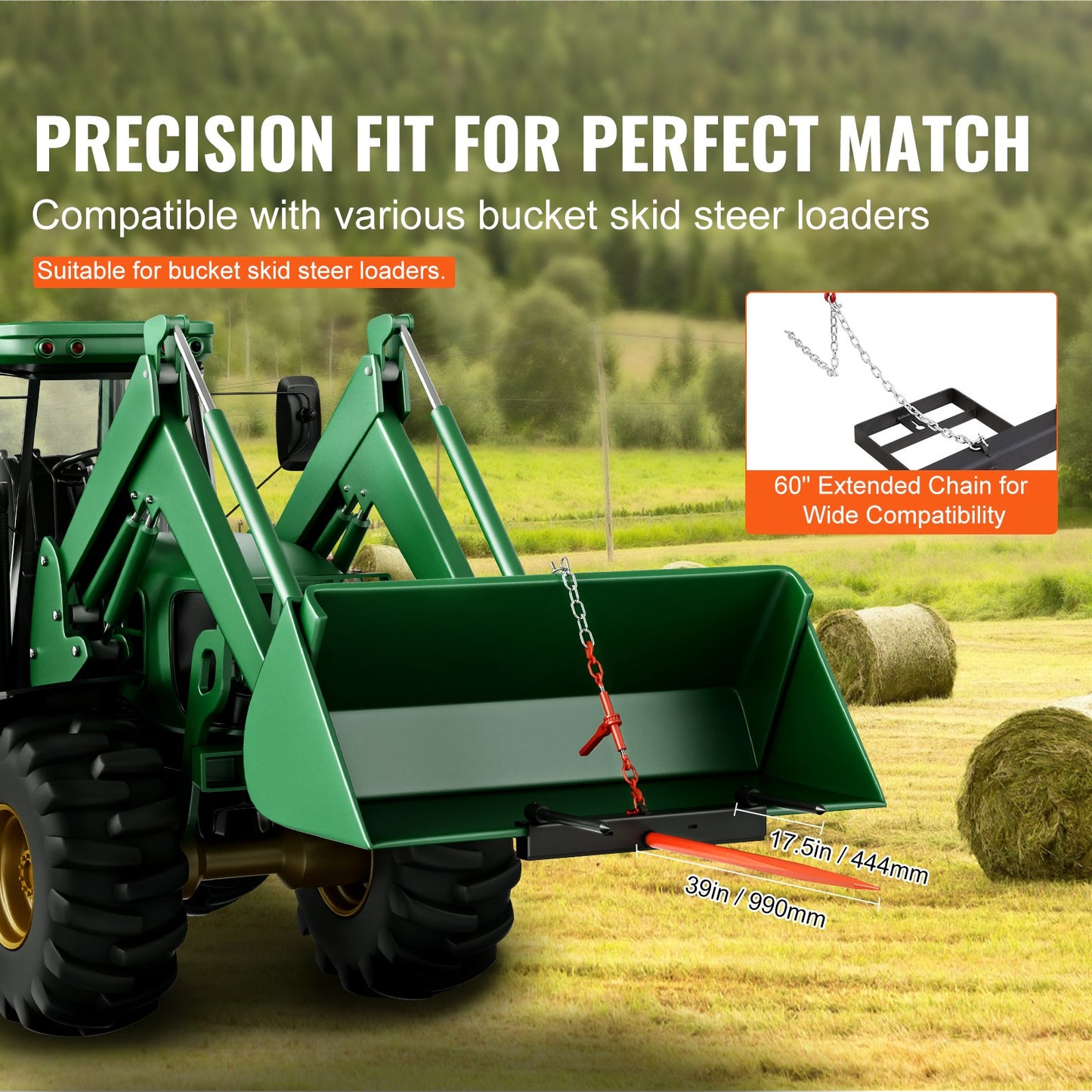 39' Hay Spear, Bale Spears 1600lbs Loading Capacity, Skid Steer Loader Tractor Bucket Attachment With 2pcs 17.5' Stabilizer Spears And 60' Chain, Quick Attach Spike Forks