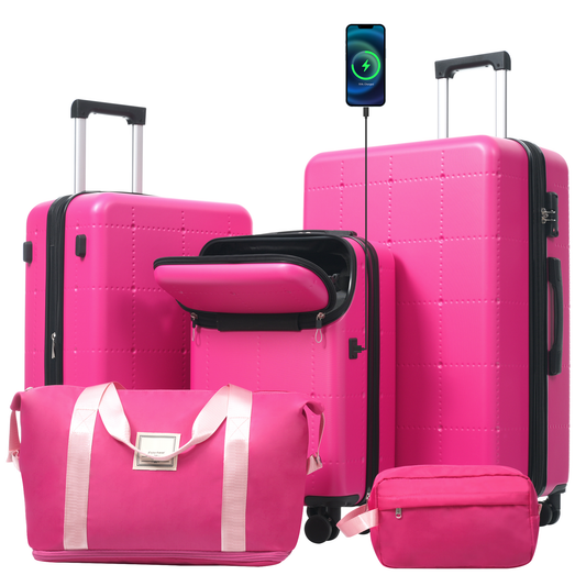 Hardside Luggage Set 5 Piece With Bags,20IN Half-opening Carry On Luggage With USB Port, Expandable 24IN 28IN Luggage With Double Spinner Wheels TSA Lock