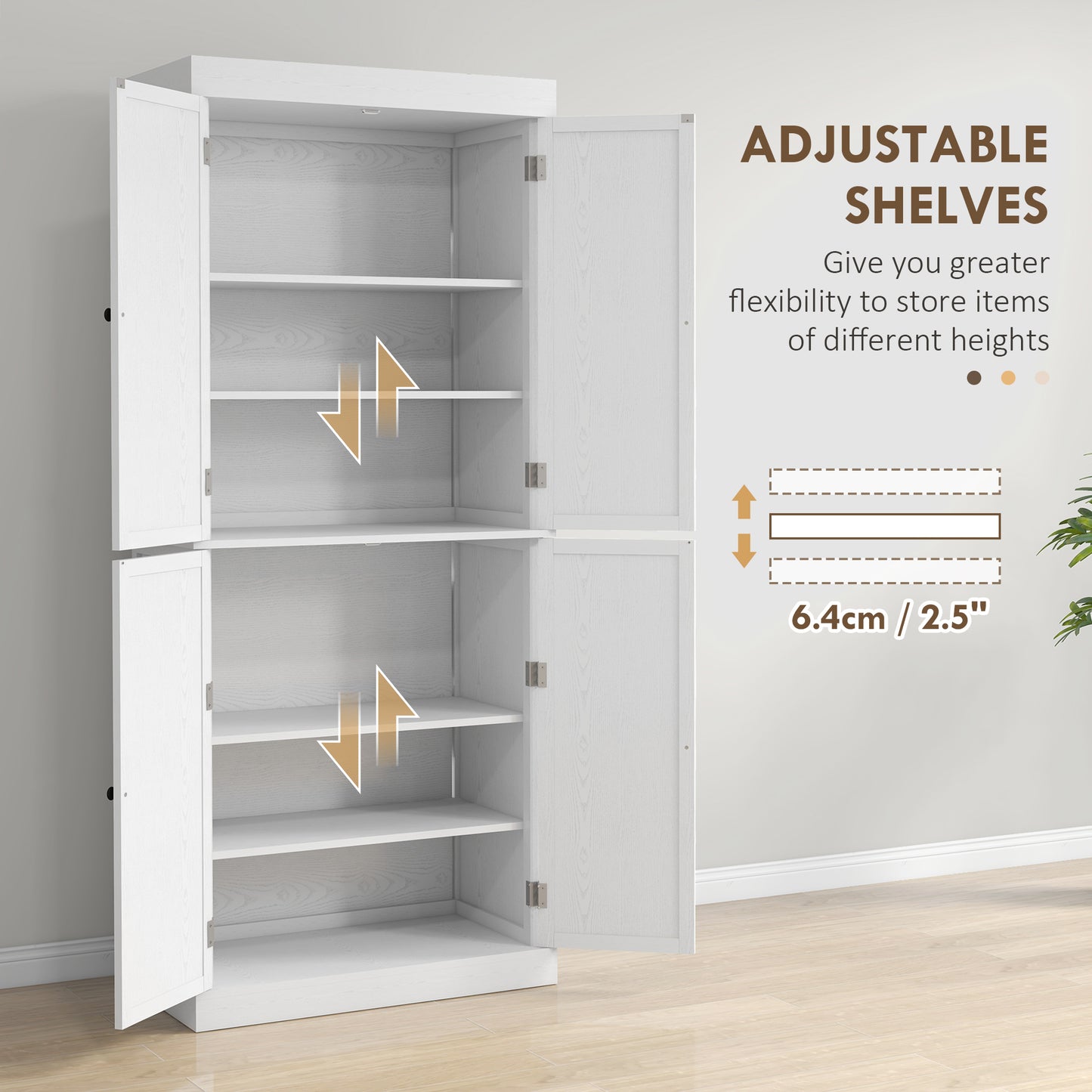 72" Kitchen Cabinet, Pantry Storage Cabinet with Doors and Shelves, Freestanding Food Pantry Cabinet, White Wood Grain