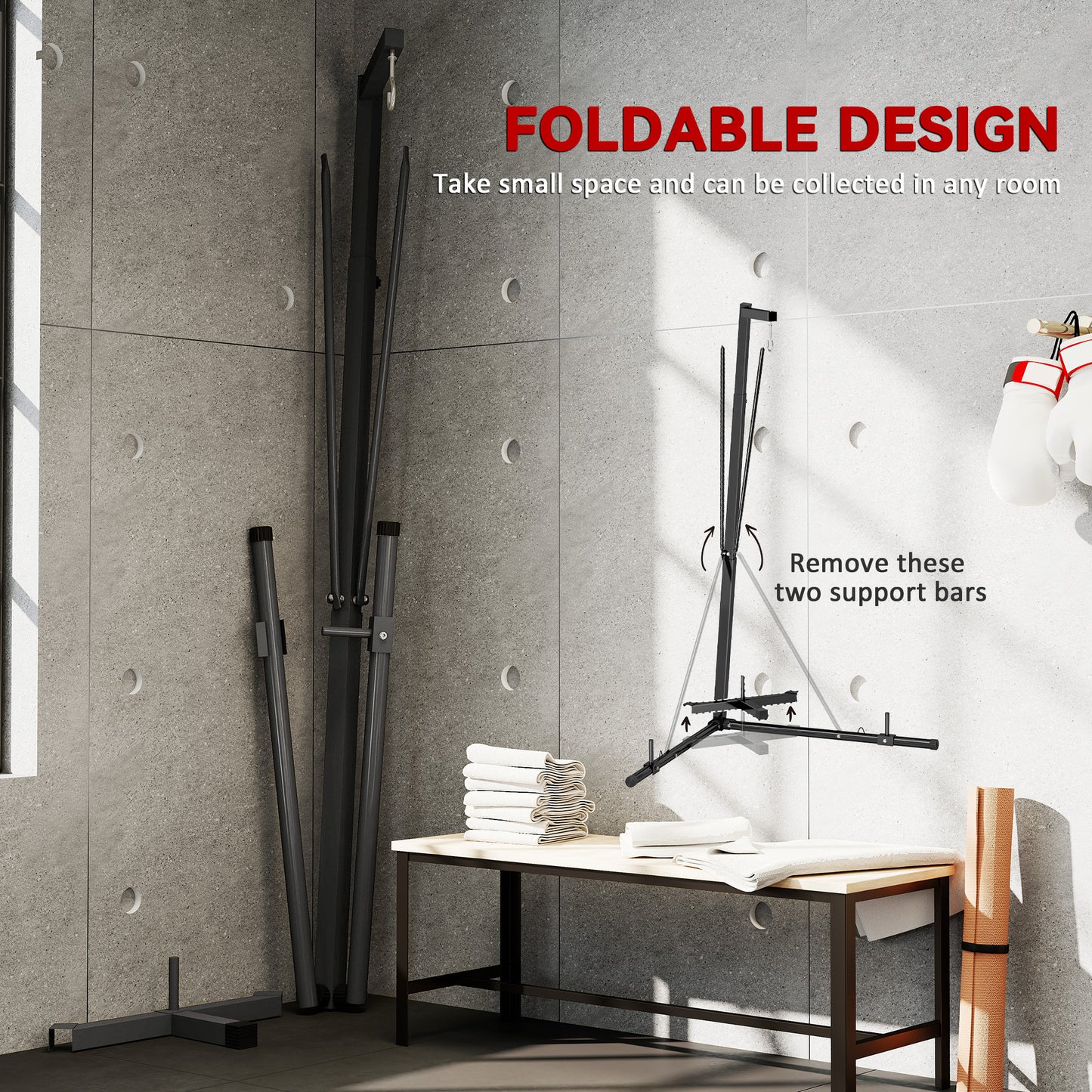 Foldable Punch Bag Stand, Height Adjustable Heavy Bag Stand with Weighted Base, Free Standing for Home Gym, Stand Only