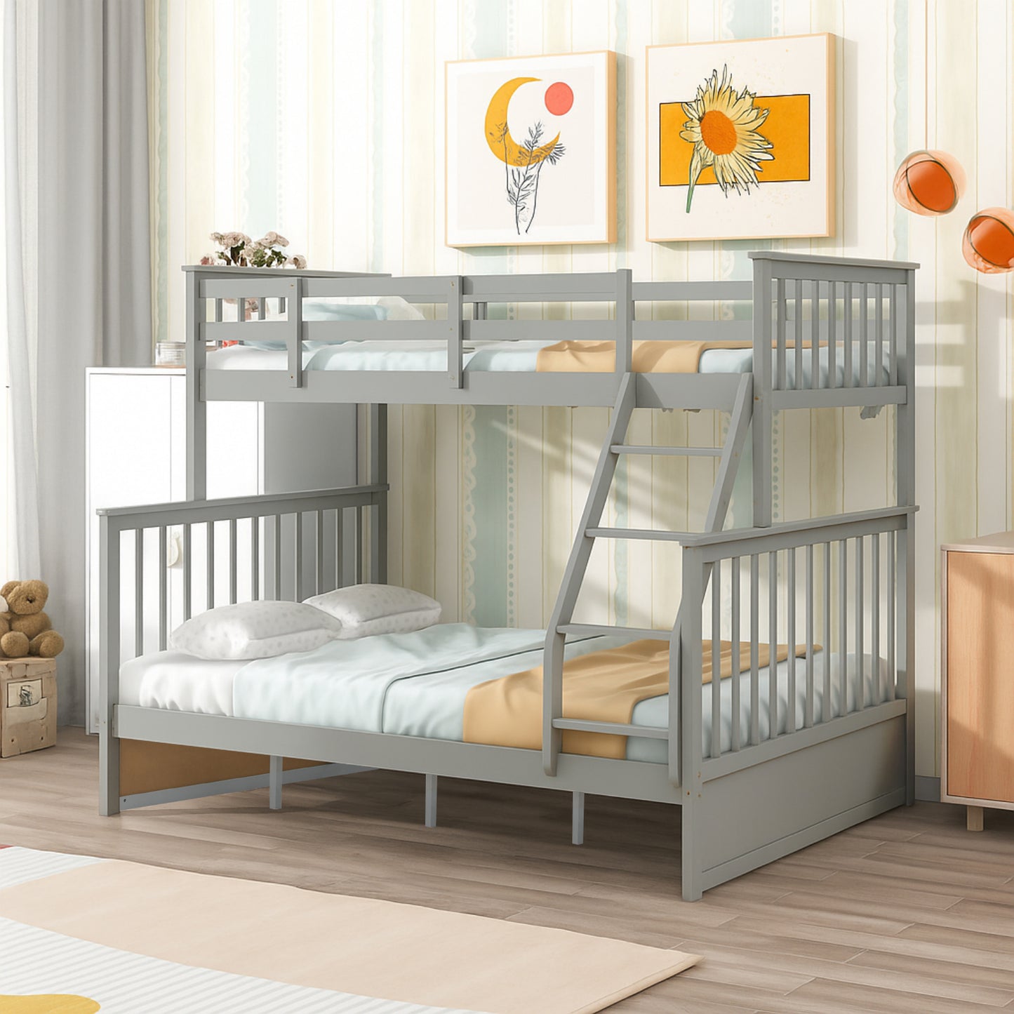 Twin Over Full Bunk Bed , Wooden Bunk Bed With Ladder And Safety Guard Rails - Gray