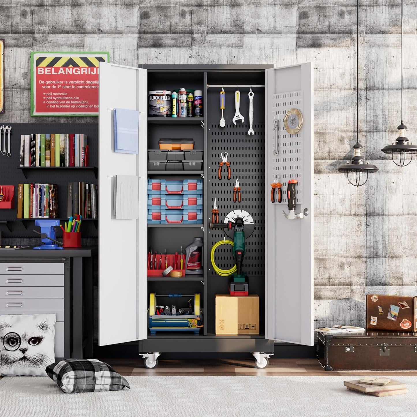 Broom Closet Storage Cabinet With Wheels And Pegboard,Metal Garage Storage Cabinet With Lockable And Magnetic Doors,Adjustable Shelves For Garage Home Office,Required Assembly,Black And White