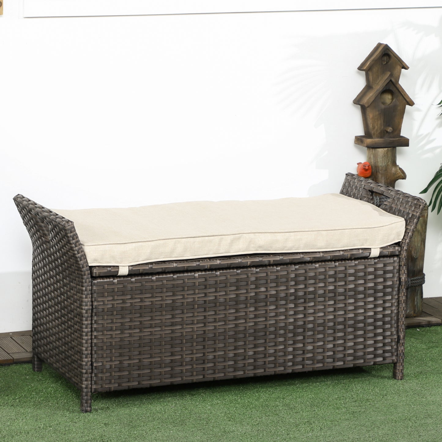 29 Gallon Patio Wicker Storage Bench, Outdoor PE Rattan Patio Furniture, 2-In-1 Large Capacity Rectangle Garden Storage Box With Handles And Cushion, Cream White