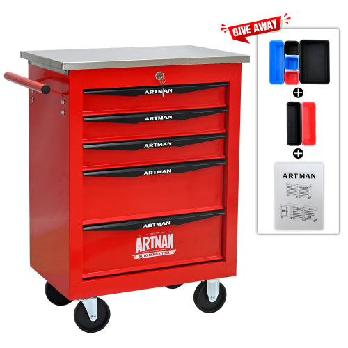5 Drawers Multifunctional Tool Cart With Wheels,Metal Rolling Tool Cart Storage For Garage Workshop Warehouse Repair Shop--With Stainless Steel Roof--Red  Black