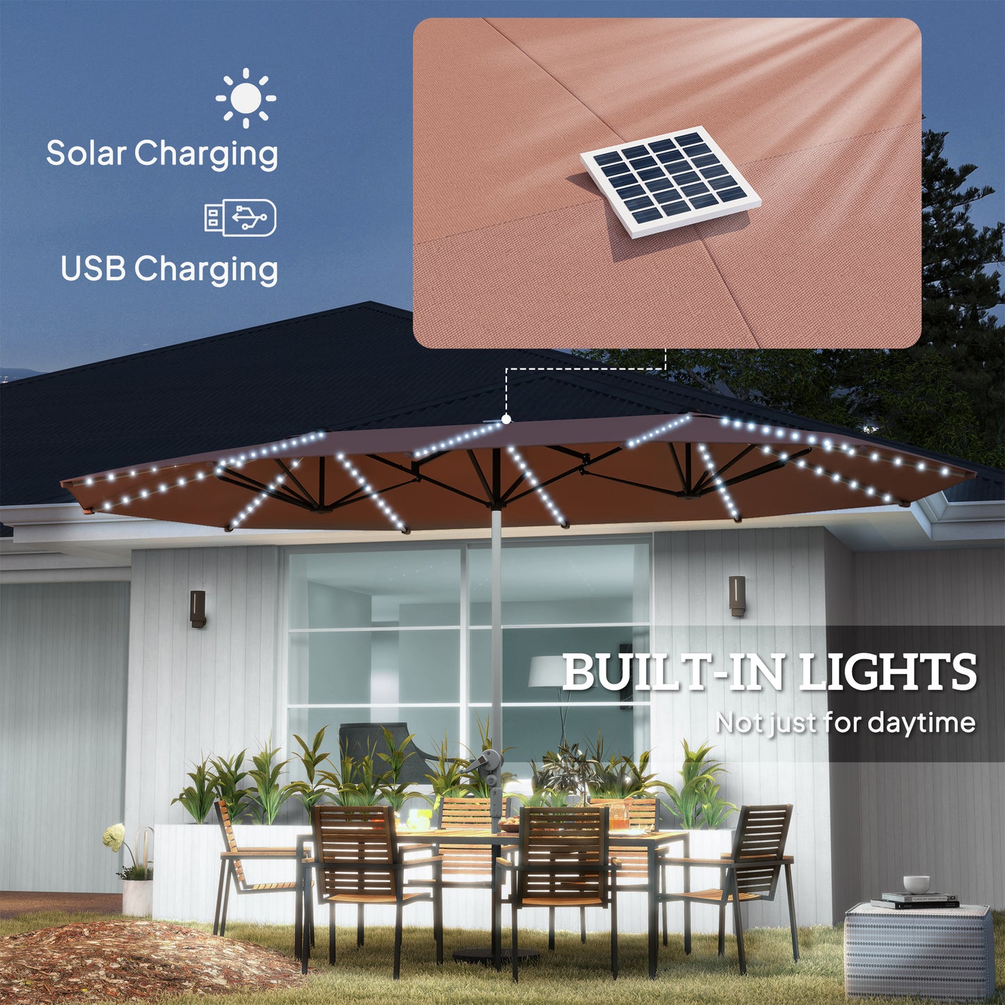 15ft Double-Sided Outdoor Umbrella With Solar Lights,  Extra Large Aluminum Patio Umbrella With Crank, Tan