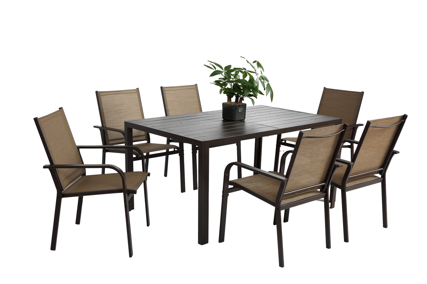 7 Pieces Patio Dining Set,  Outdoor Furniture Table And 6 Textilene Chairs, Outdoor Furniture With Rectangular Table And 6 Stackable Chairs Family Conversation Set For Garden Backyard Deck-Brown