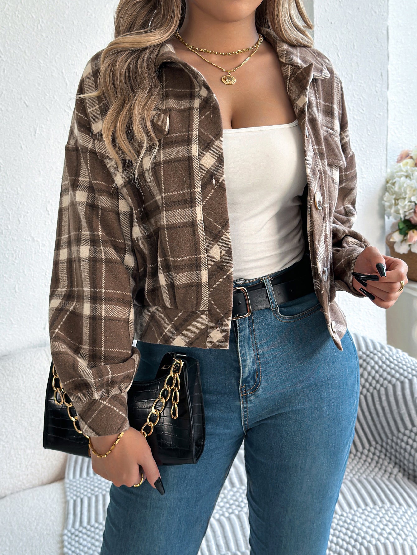 Autumn And Winter Casual Plaid Pocket Long Sleeve Woolen Jacket Coat
