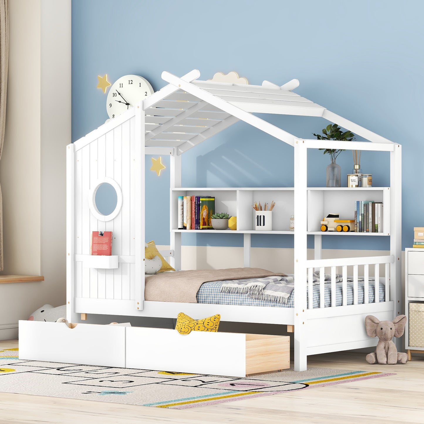 Wooden Twin Size House Bed With 2 Drawers,Kids Bed With Storage Shelf, White