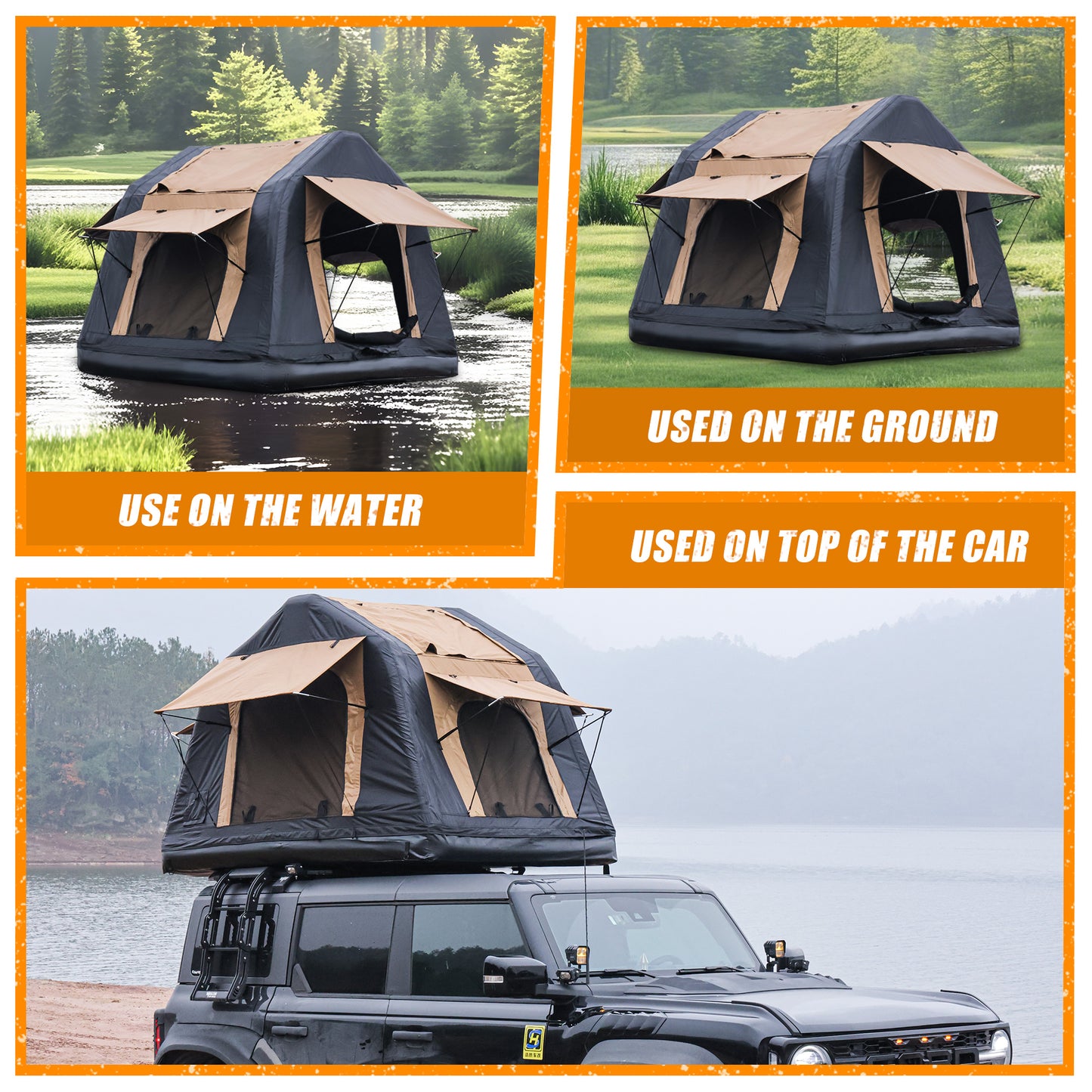 Foldable 2-3 People Amphibious Inflatable Car Roof Top Tent For Camping Outdoor Glamping Camping Tent For SUV, Truck - Without Ladder, Two-tone Style, Khaki & Black