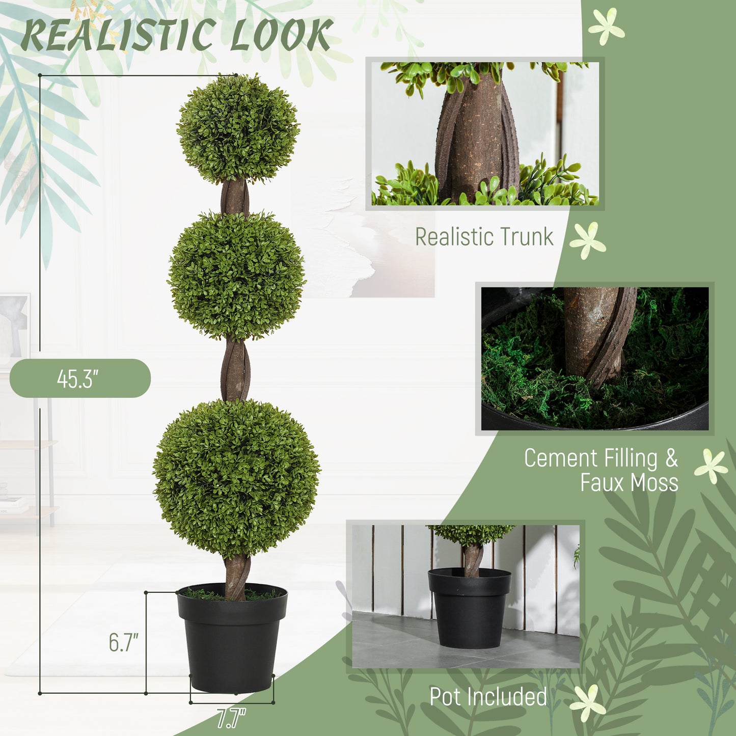 Set Of 2 Artificial Ball Boxwood Topiary Trees, Fake Plants In Pots For Indoor Outdoor Living Room, Green